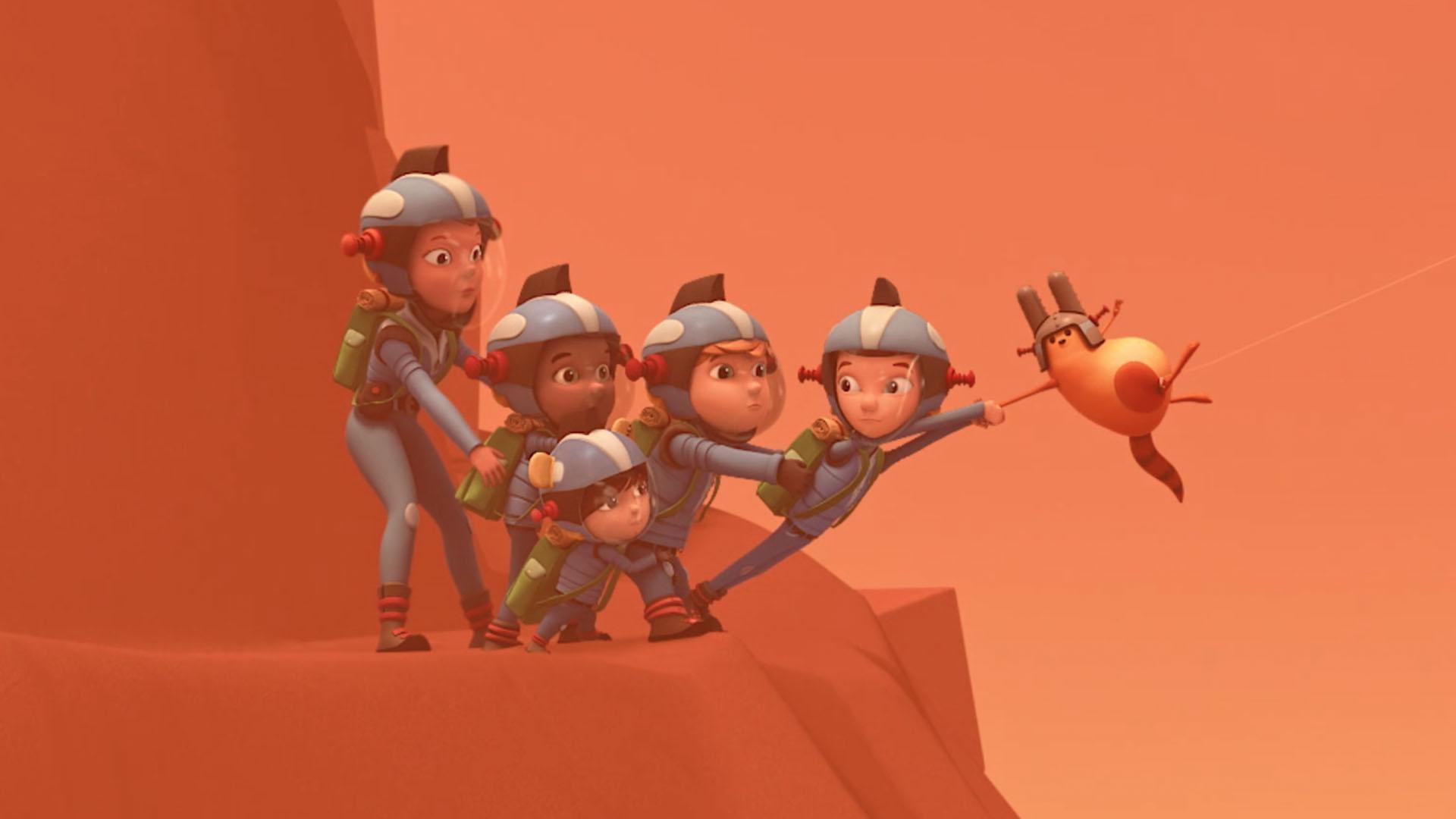 The kids and Celery navigate their climb up Mount Sharp.