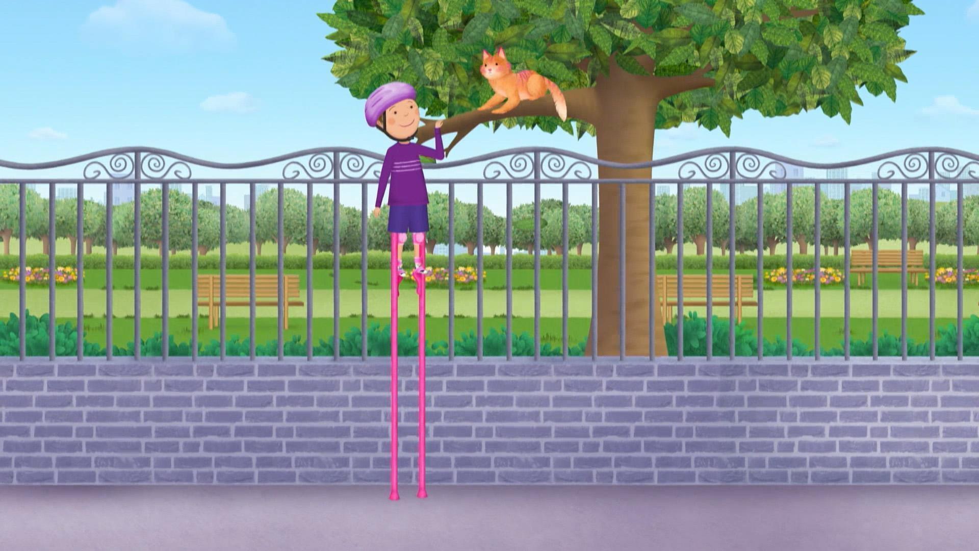 Pinkalicious and Peter learn stilt-walking. / The kids try to save sand art from the tide.