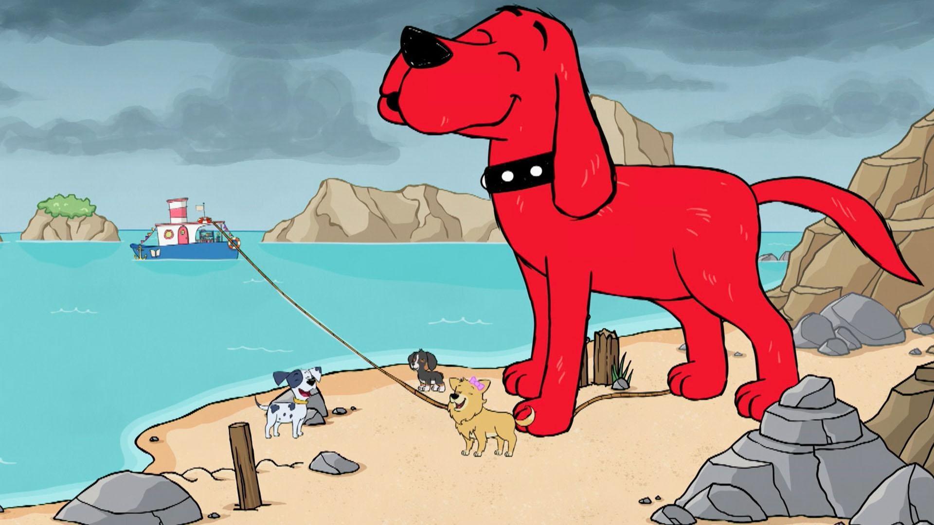 Clifford and friends prepare the beach for a storm./The dogs play in a cardboard box fort.