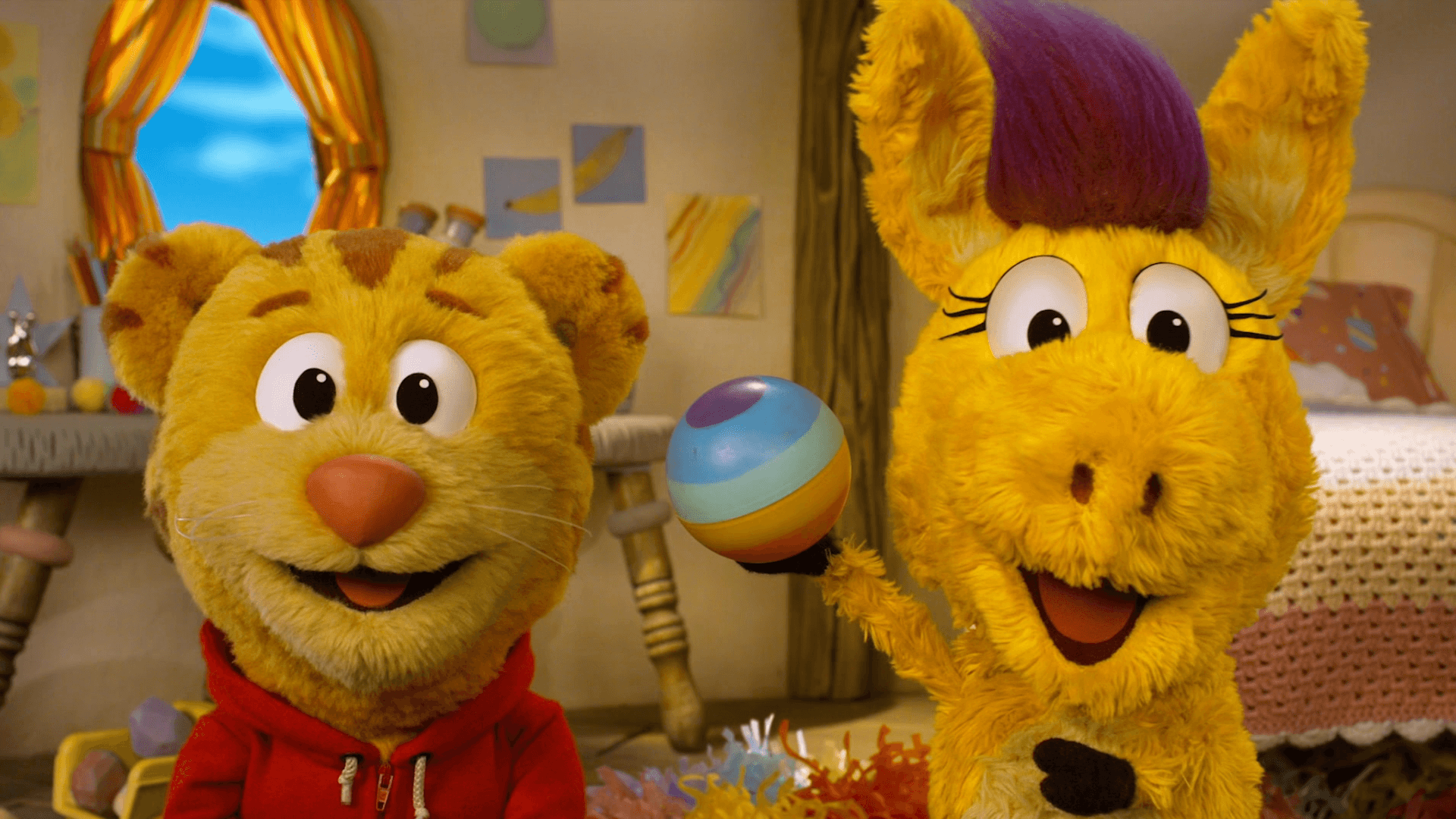 The pals search inside Donkey's windmill for the missing rainbow ball.