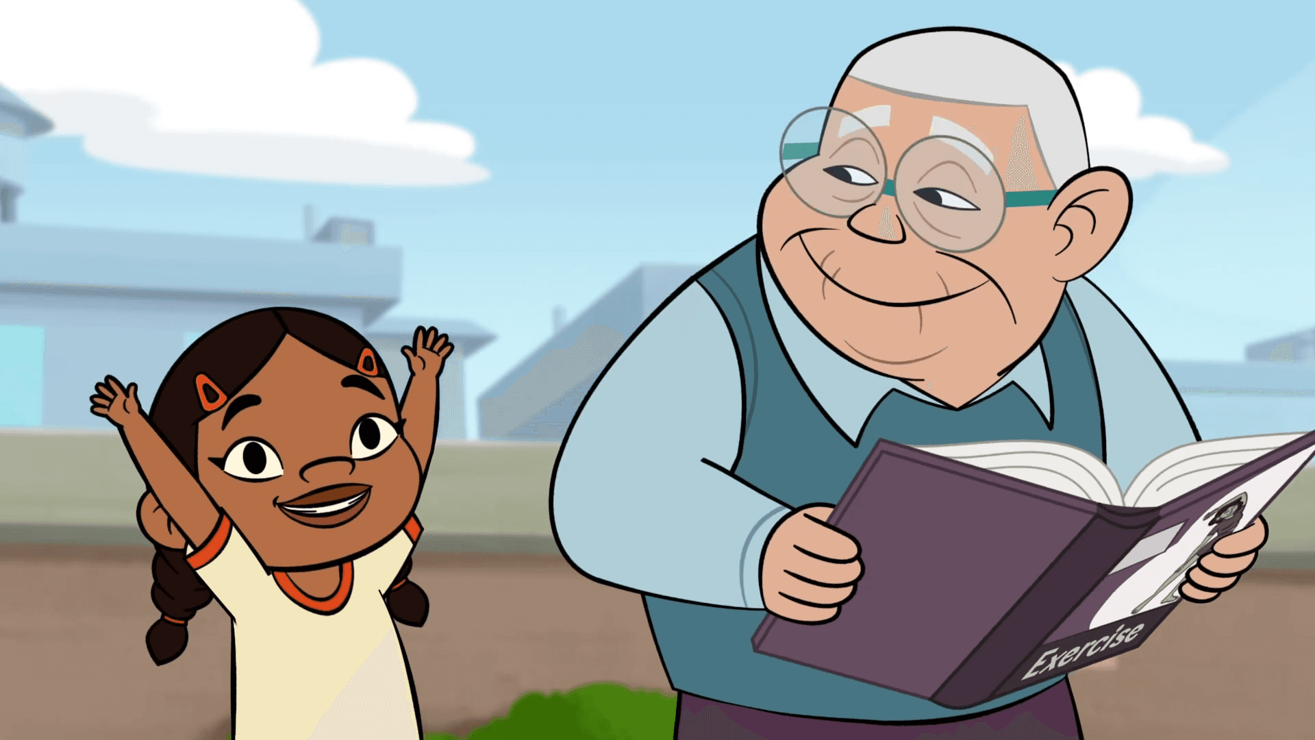 Gurley is teaching the kids how to do some exercise moves.