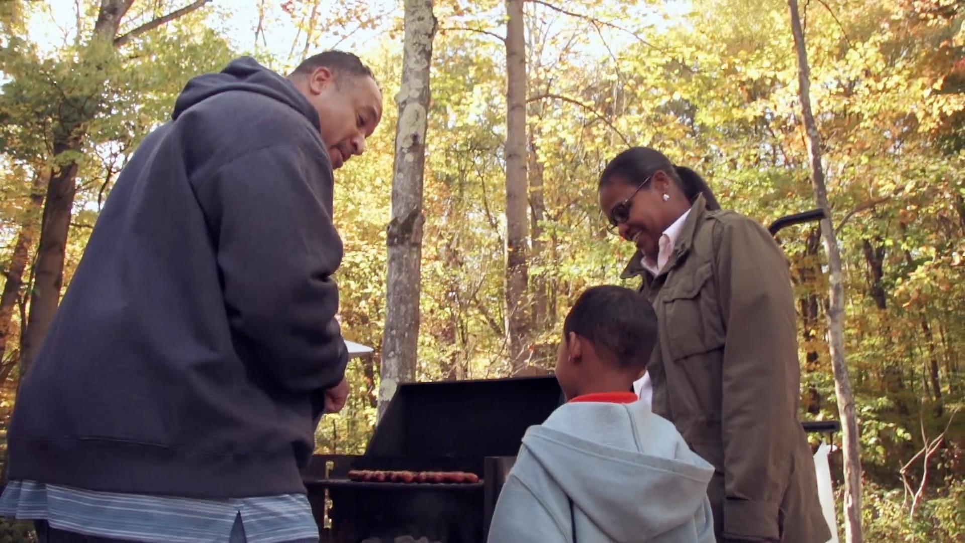 Ethan and his family are on a camping trip at a cabin in the woods.