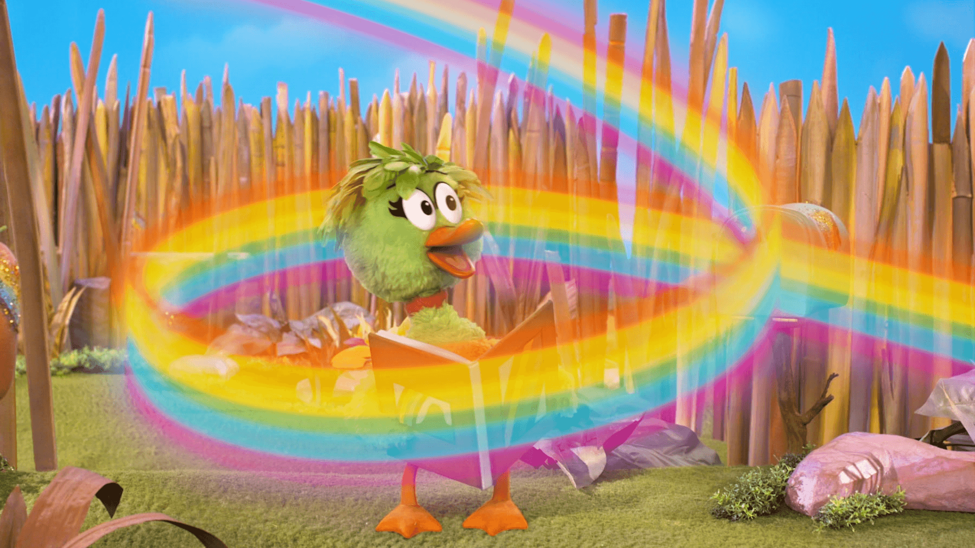 A rainbow bounces through Someplace Else and wraps around all the pals in this fun song.