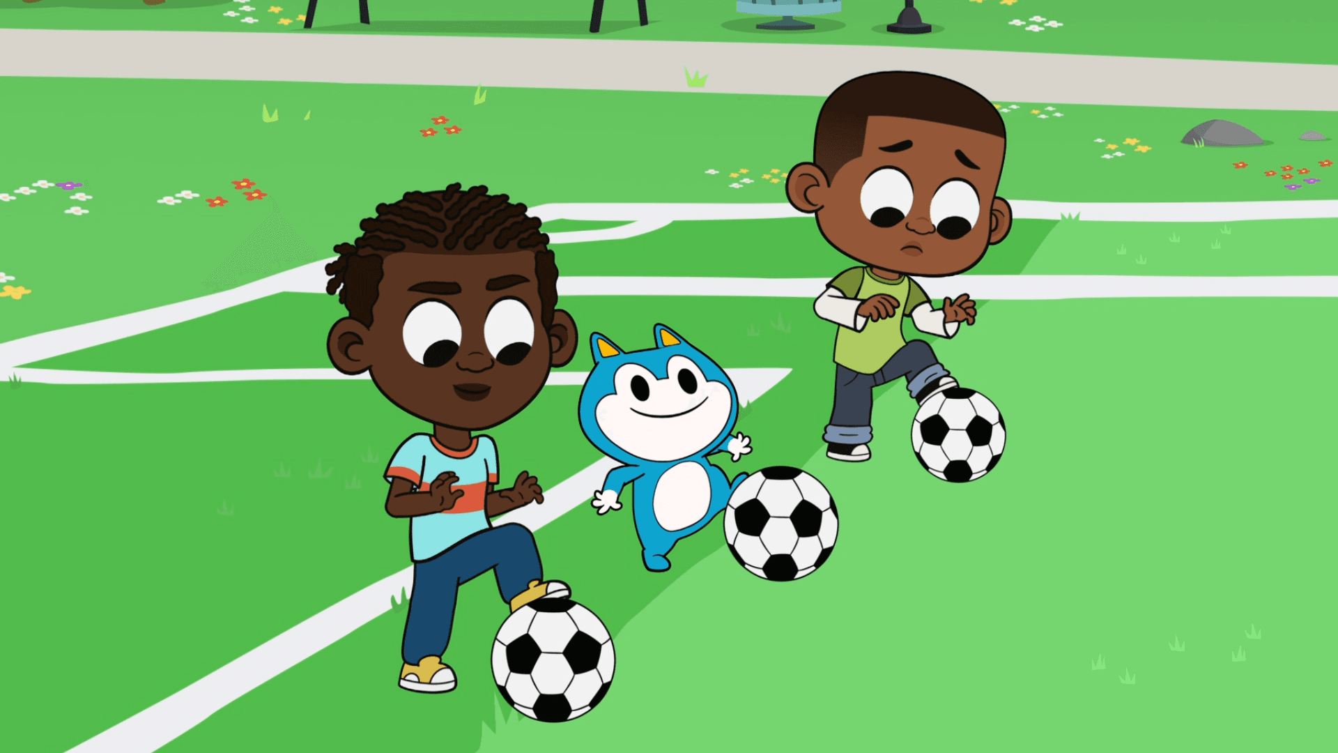 Luke and Idris practice playing soccer. Lyla and Ev break down a soccer drill for them.