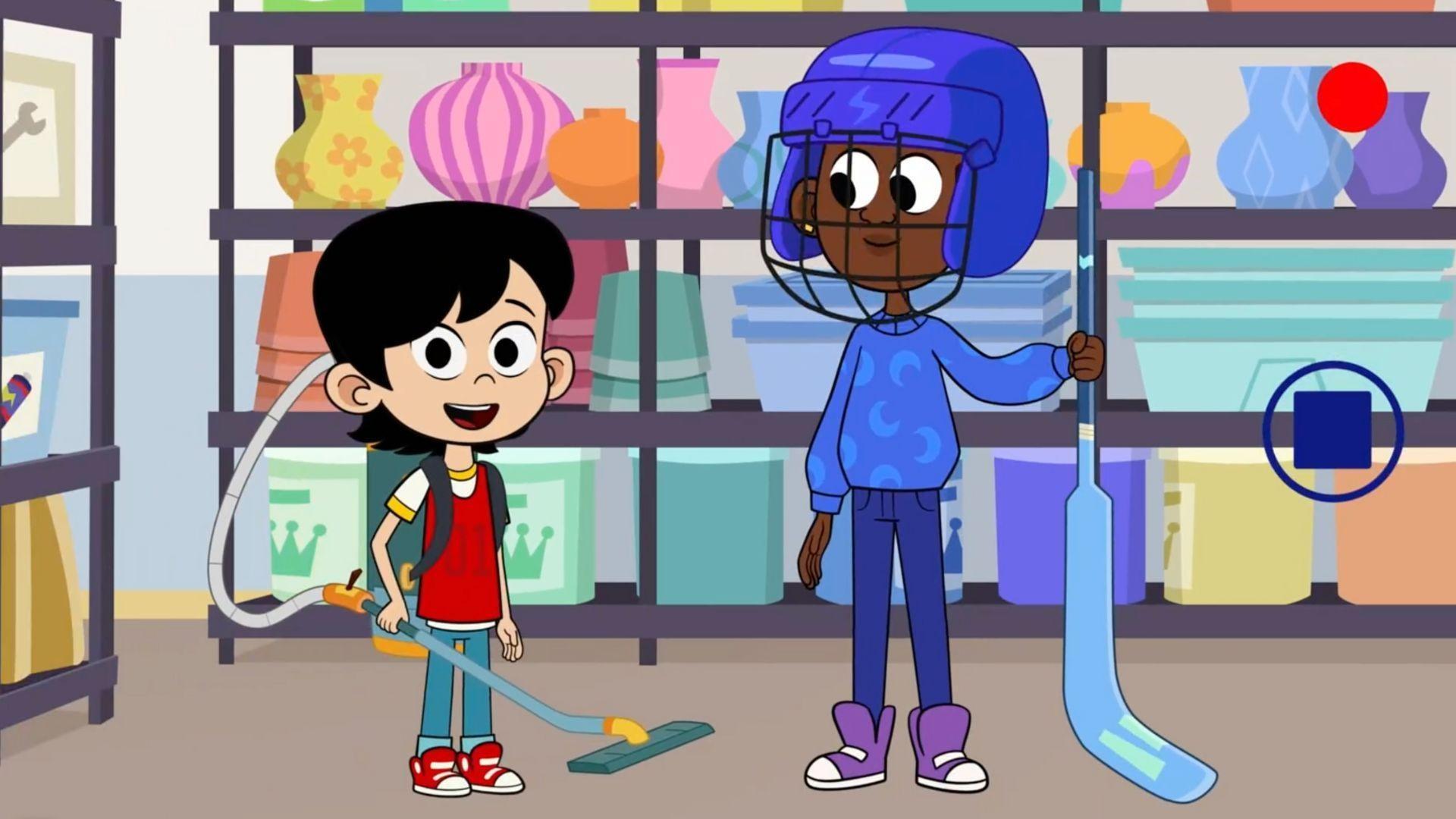 Ev and Liana demonstrate their sports mashup game, Vacuum-Hockey.