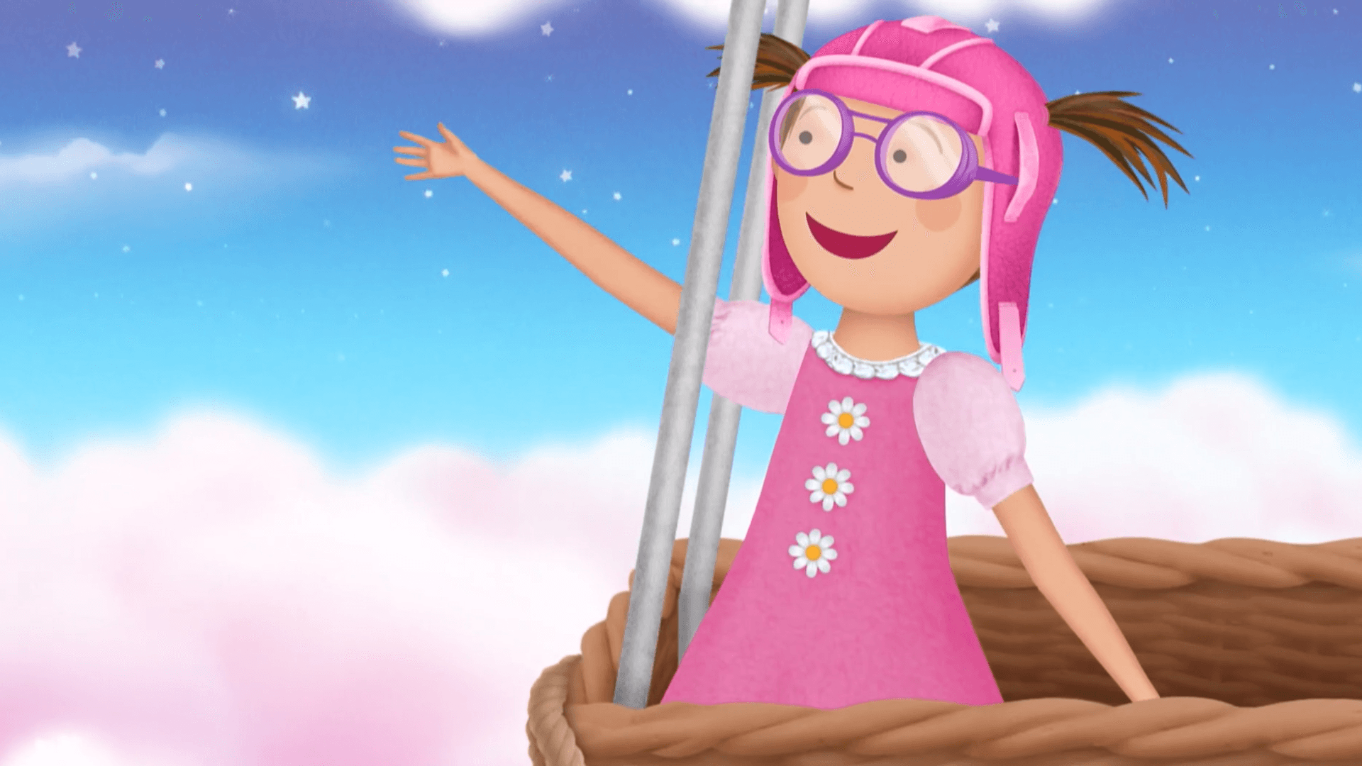 Pinkalicious and Skye Voyager soar over Pinkville on a hot air balloon!