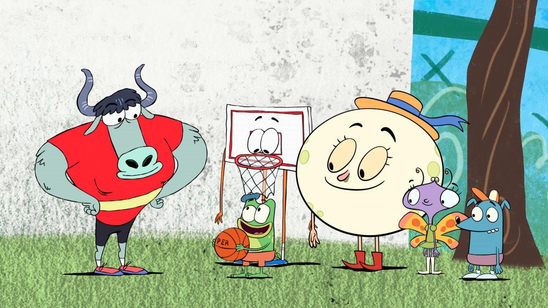 Fong, Luna, and the kids use teamwork to get a basketball unstuck from a tree.