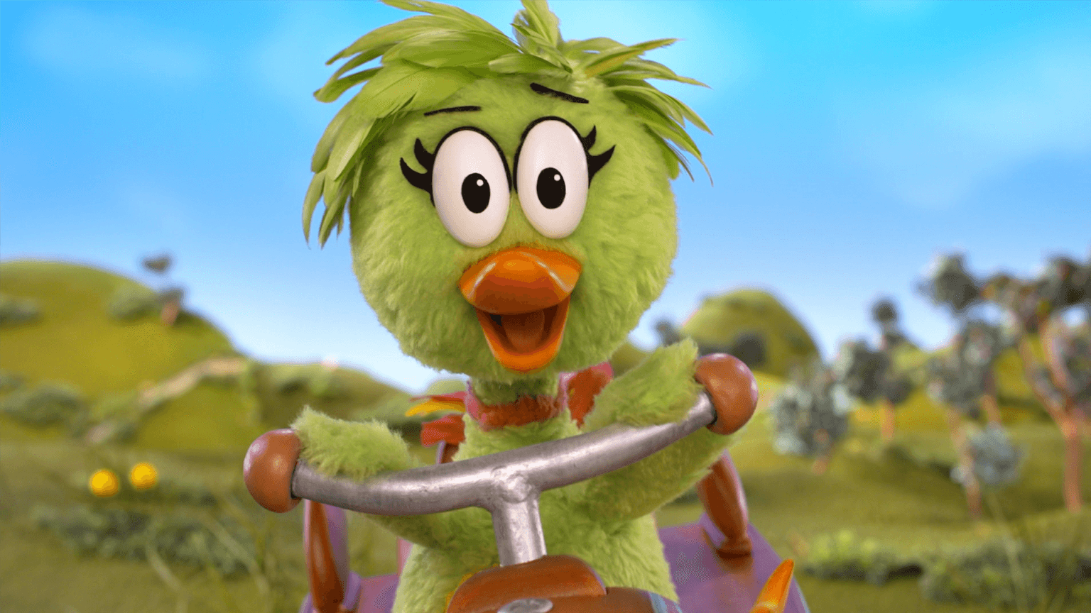 Duck Duck's pals encourage her to keep trying as she learns to ride the Swoop-a-rino.