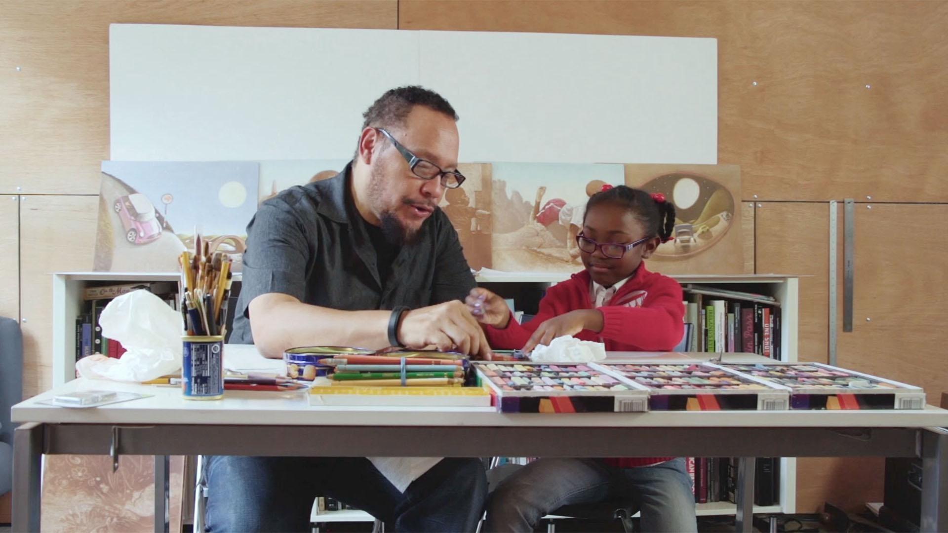Jasmine hangs out with Floyd, who shows her how he made all his pictures with an eraser.