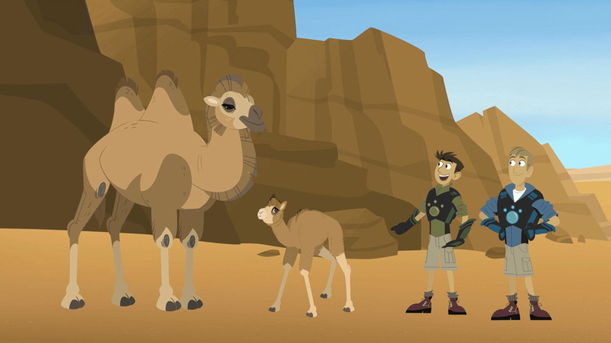 Creature adventuring in the desert the gang comes along a mom and baby wild Camel