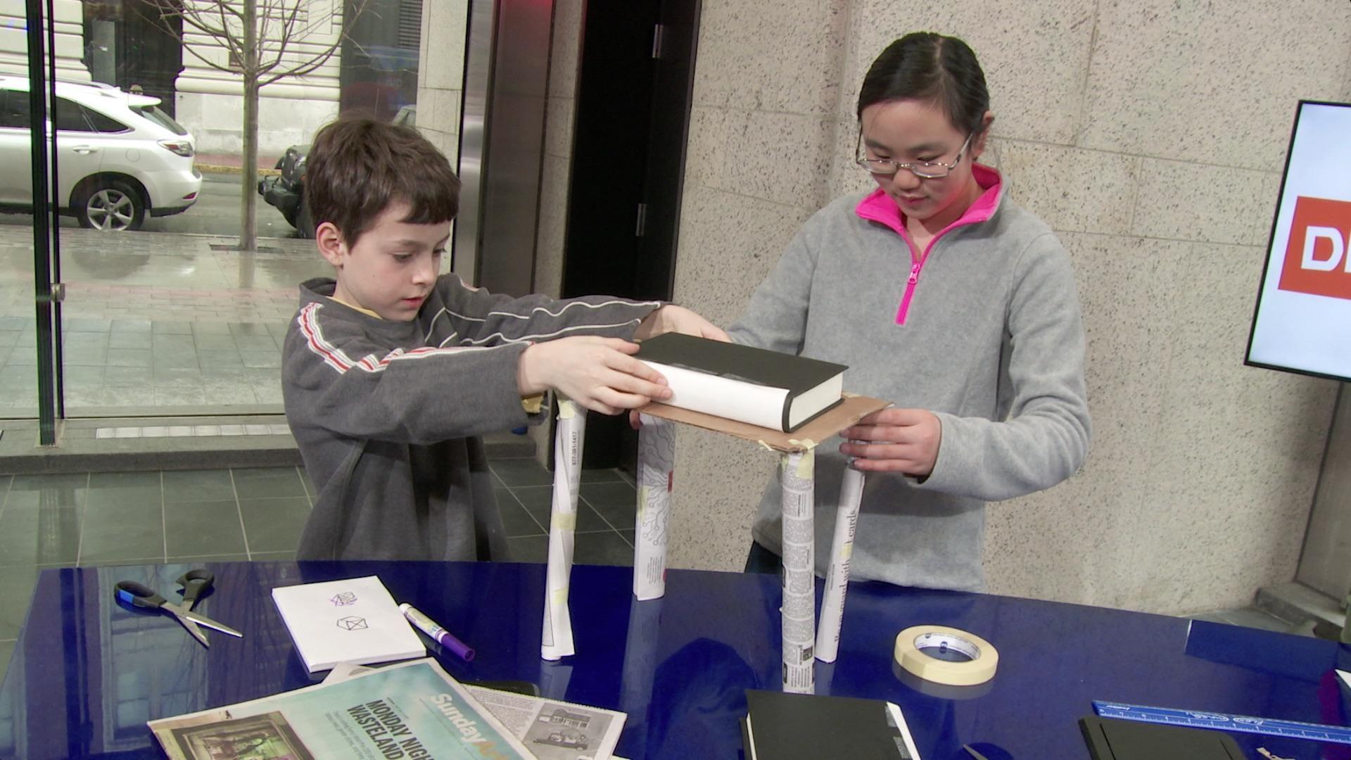 Teams of kids compete to build strong structures using only newspaper and cardboard.