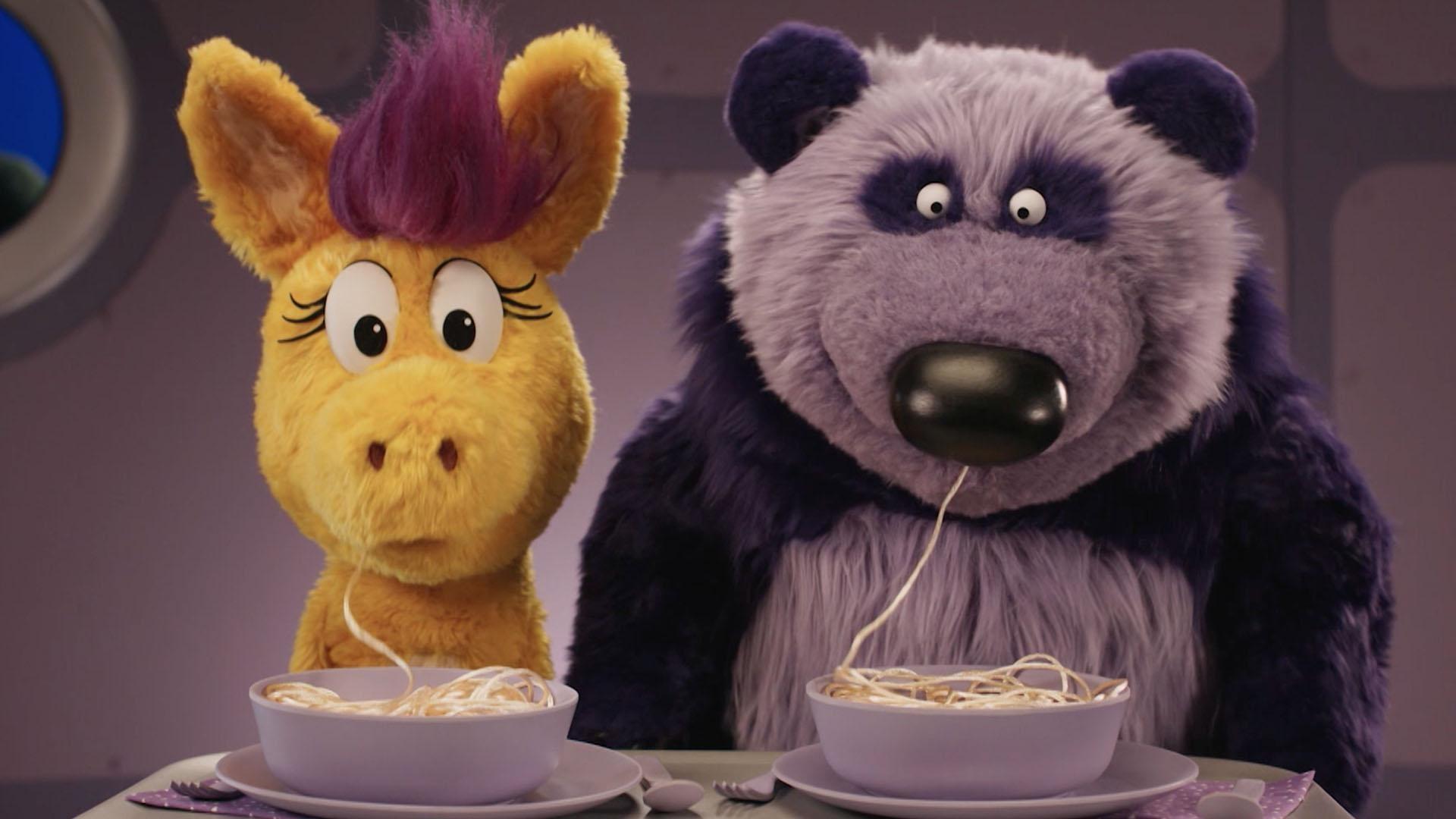 Donkey Hodie and Purple Panda have lots of fun during their super duper sleepover!