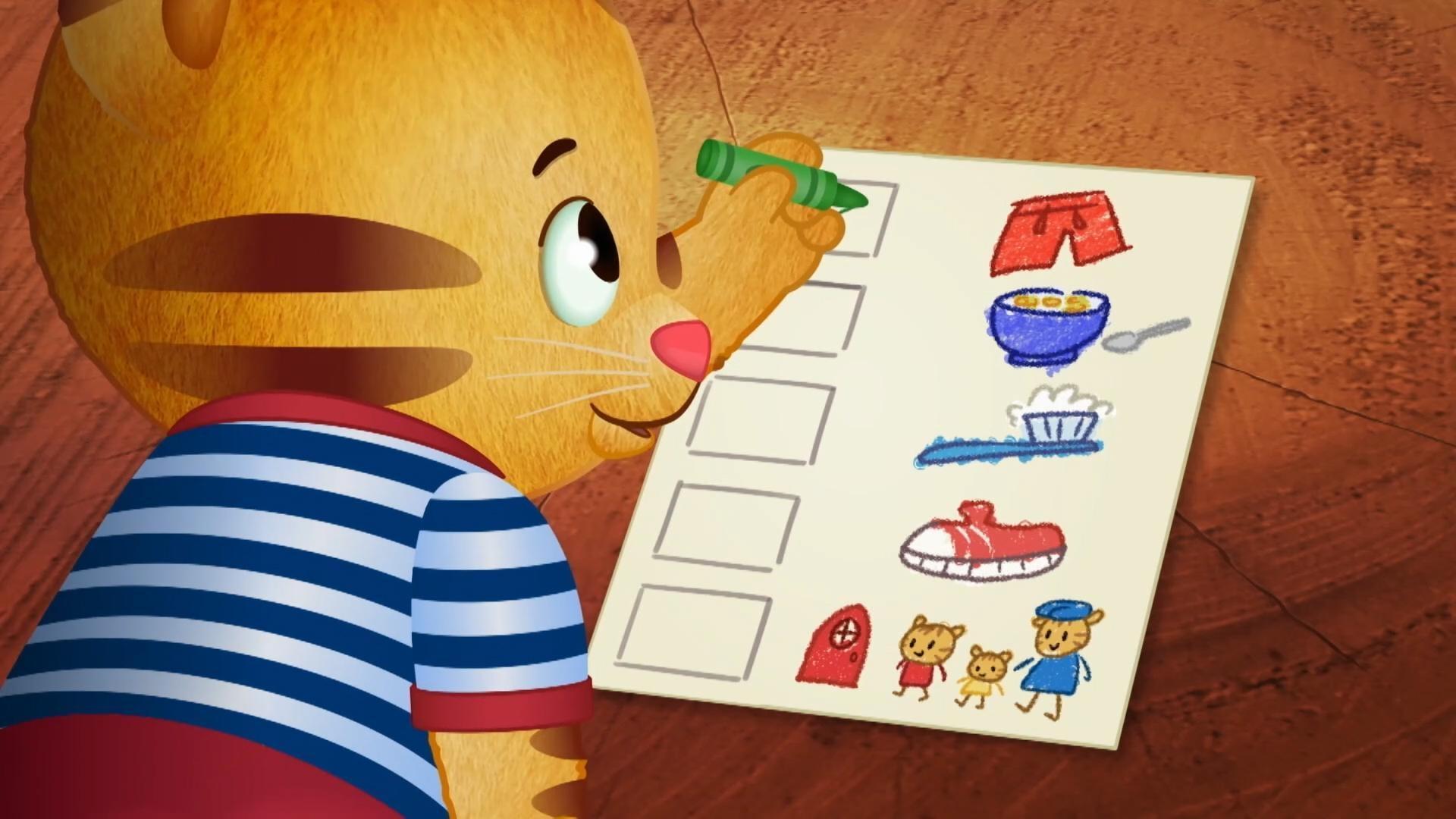 Daniel uses a checklist to follow his morning routine with Grandpere!