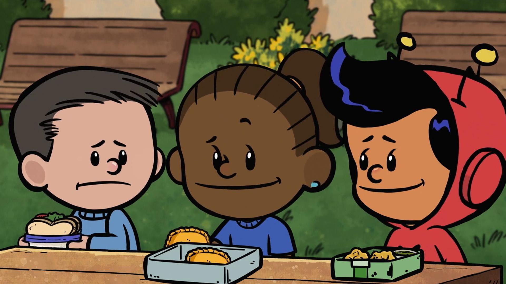 Xavier stands up to the kid who won’t let him sit at his table.