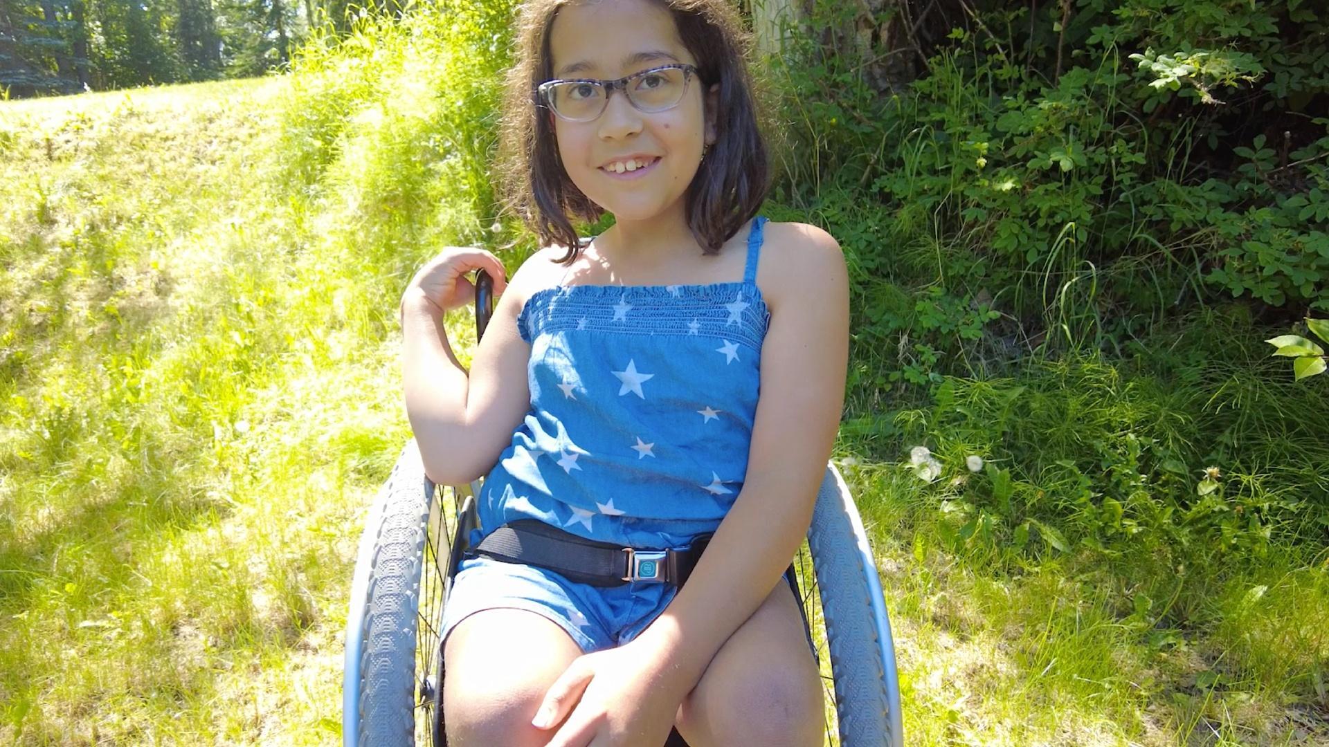 Naya uses her sparkly wheelchair to go to gymnastics class, physical therapy and beyond!