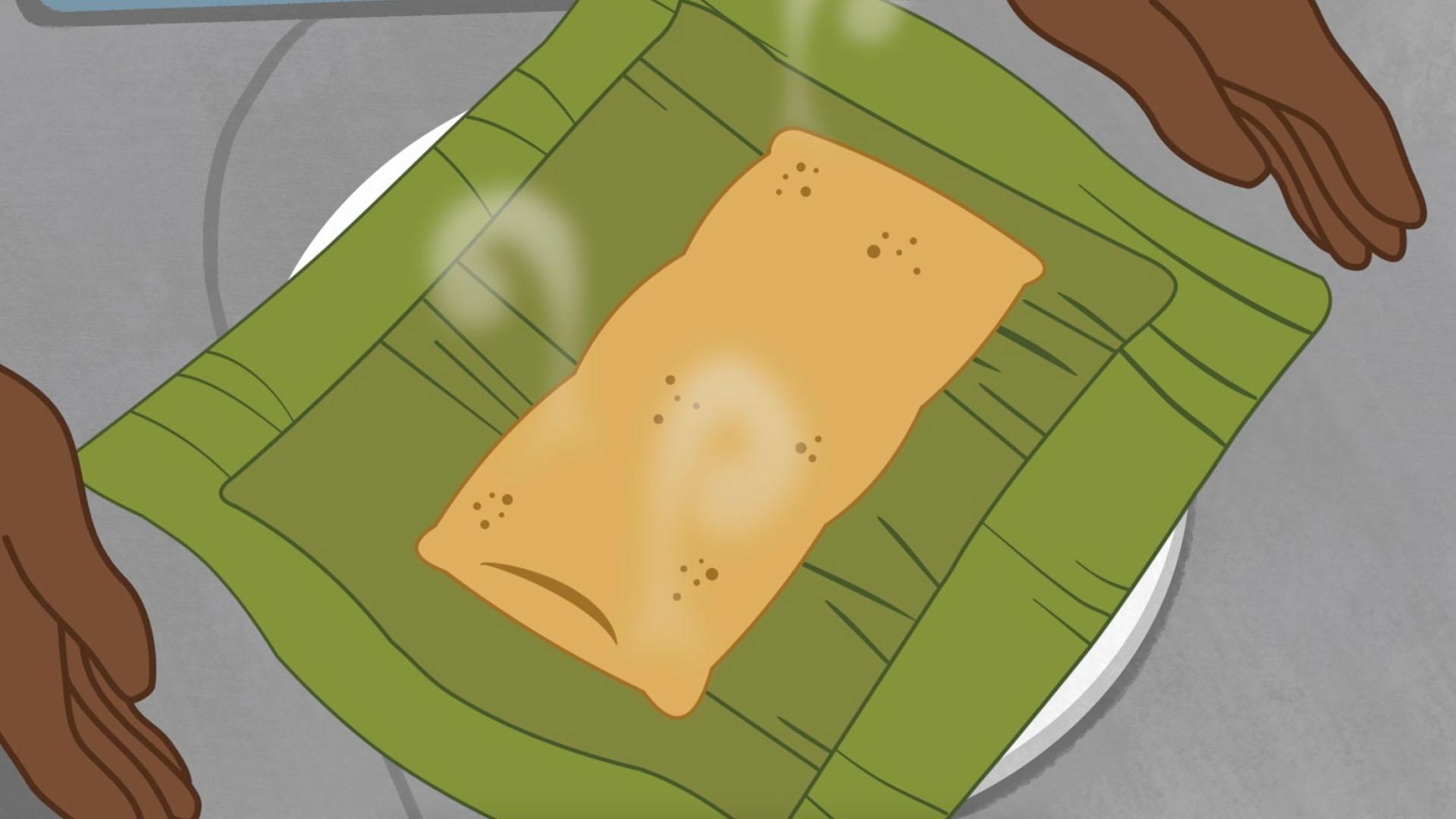 In Puerto Rico, Tío Juan shares his delicious pasteles with Alma, Papi, and Yvette.