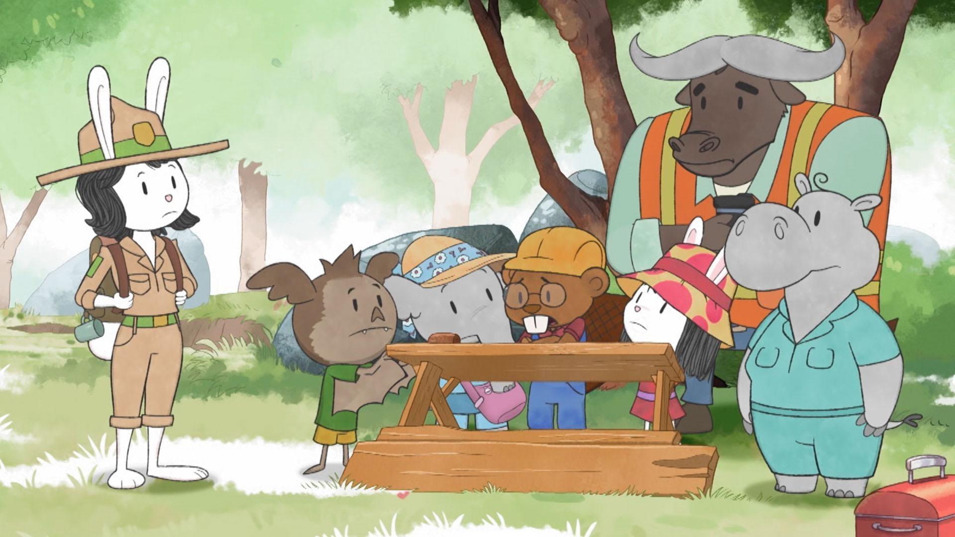 Elinor and friends try to help Mrs. Beaver move two lizards off of a rock.