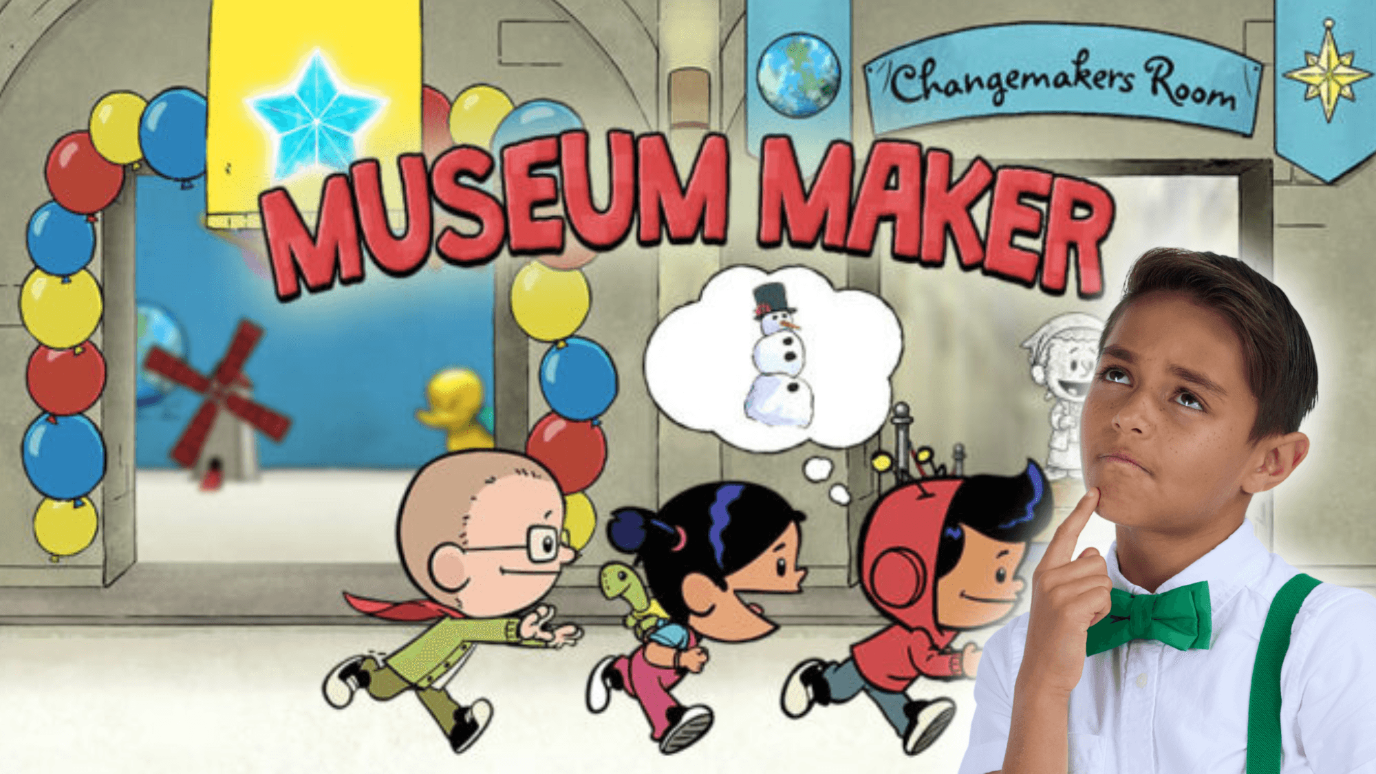 Agent Olindo shows Oaklynn around the museum in Xavier Riddle's Museum Maker.