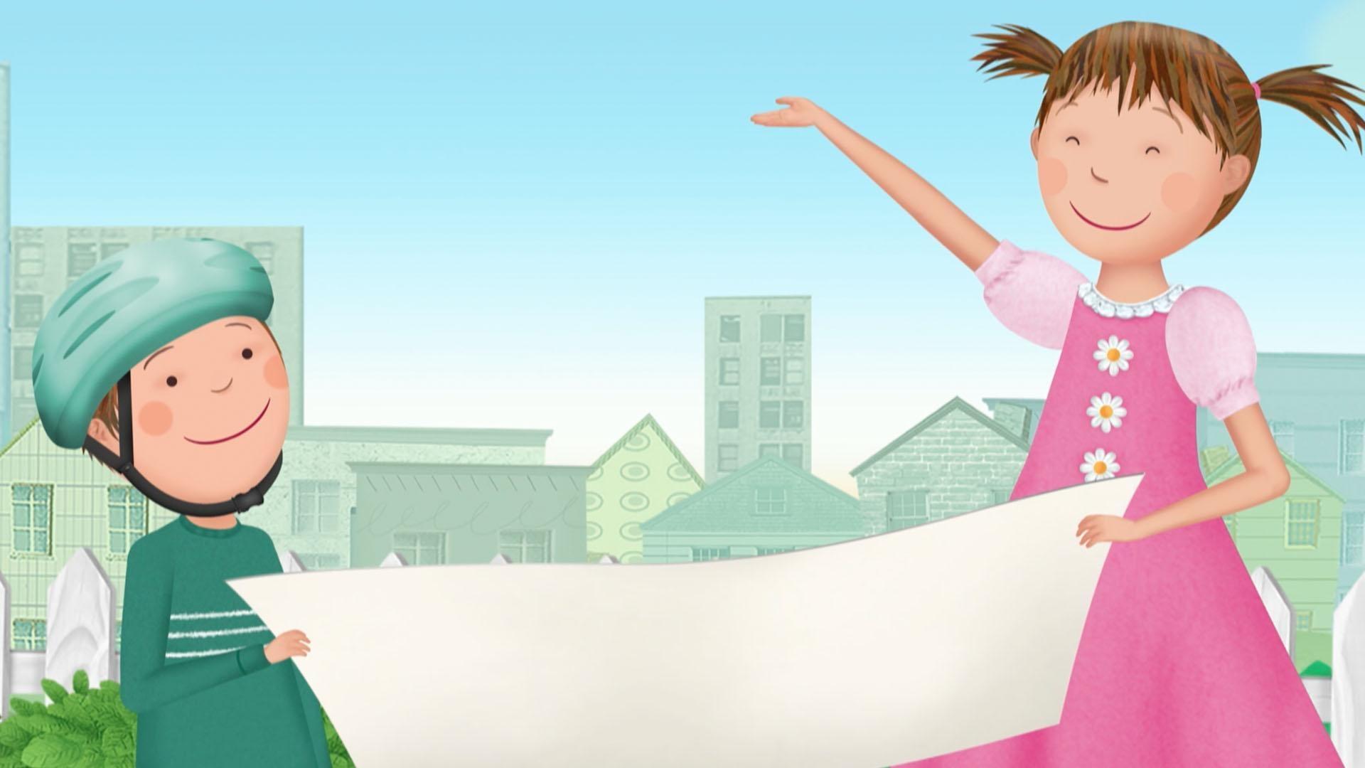 Pinkalicious is painting wrapping paper for Daddy's birthday but the wind blows it away!
