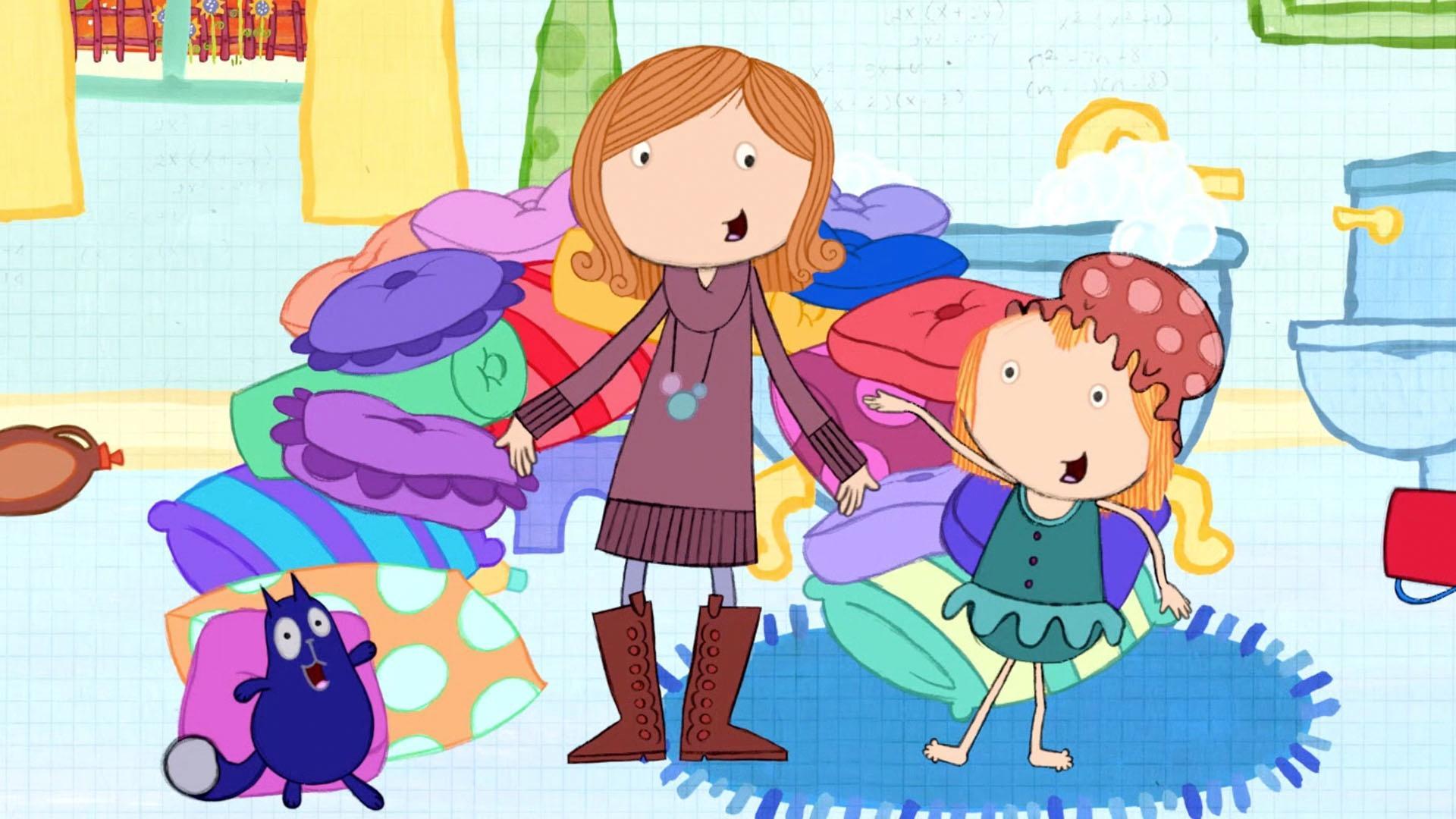 Peg, Cat and Mom are playing Hide and Seek.