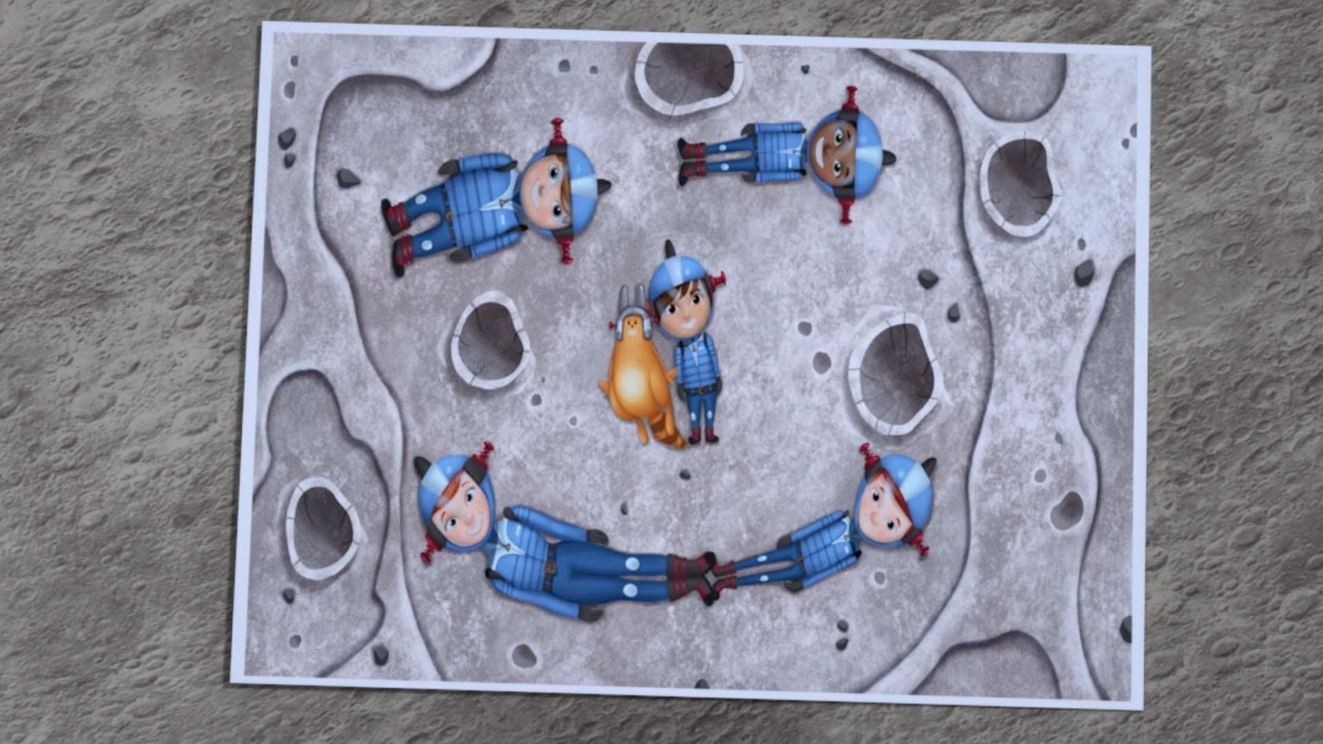 The kids and Celery make their own face on the Moon.