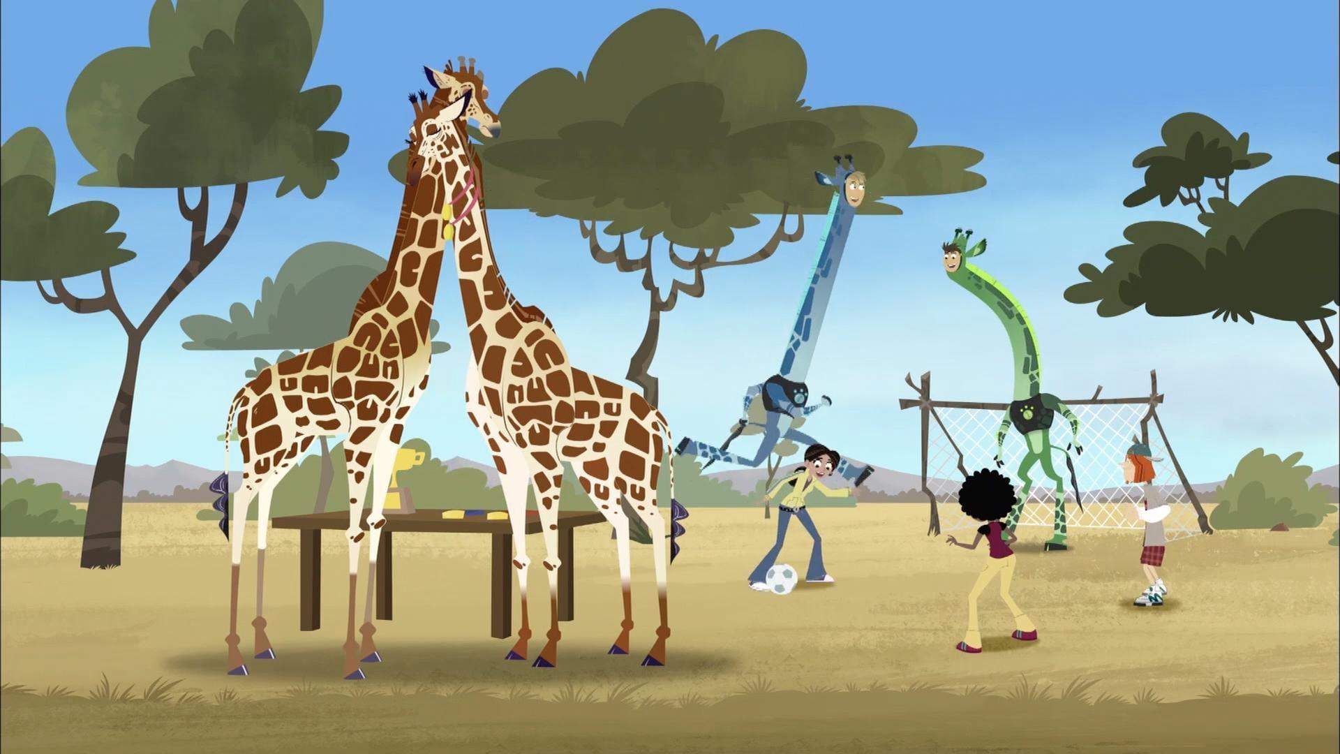A mischievous giraffe takes Creature Power Suit parts and supplies from the Tortuga.