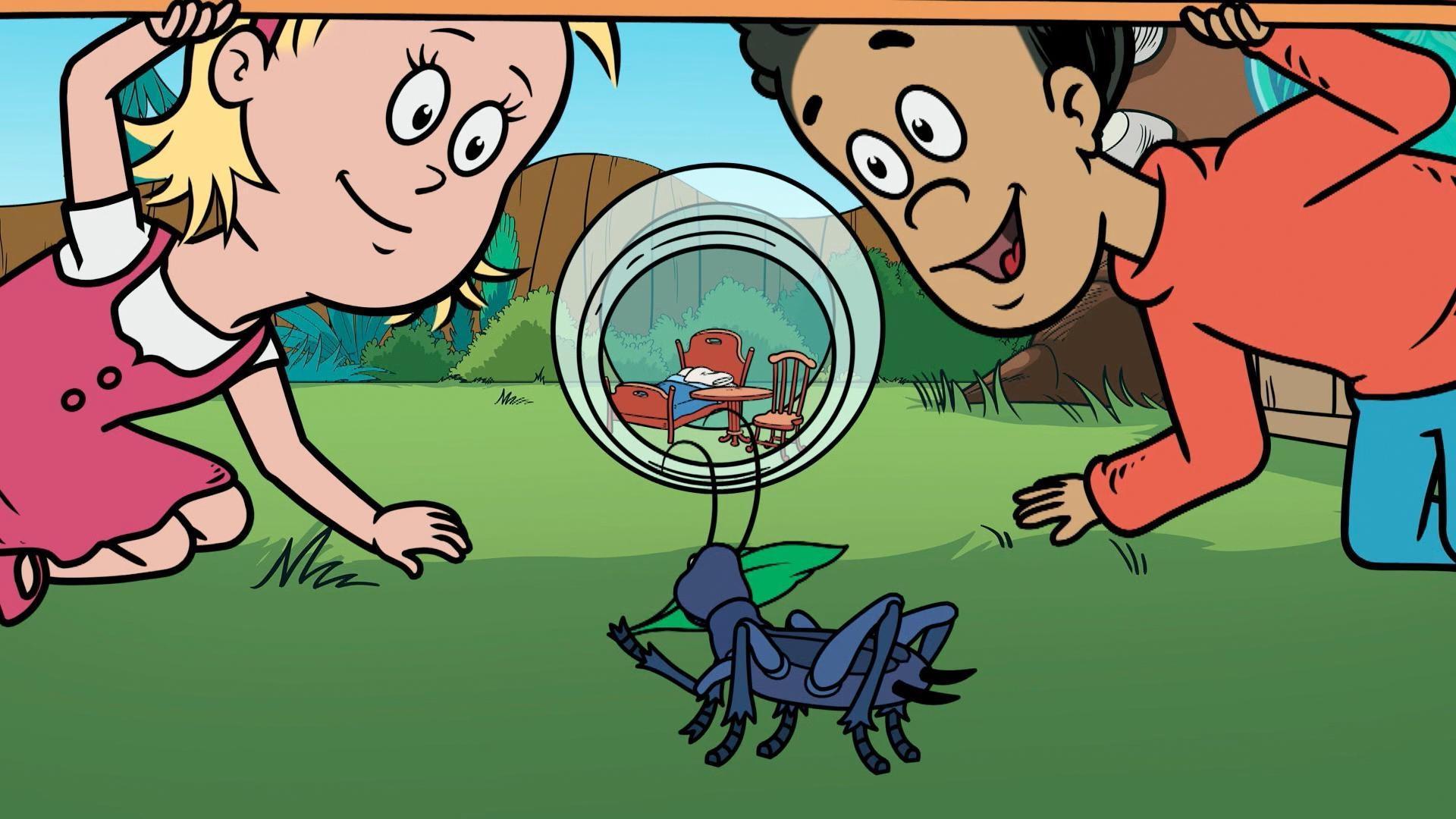 The kids create a home for a cricket. / The kids are frustrated by an inconvenient puddle.