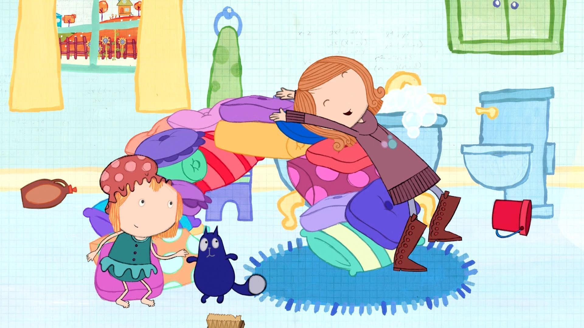 Peg and Cat play hide and seek in the bathroom.