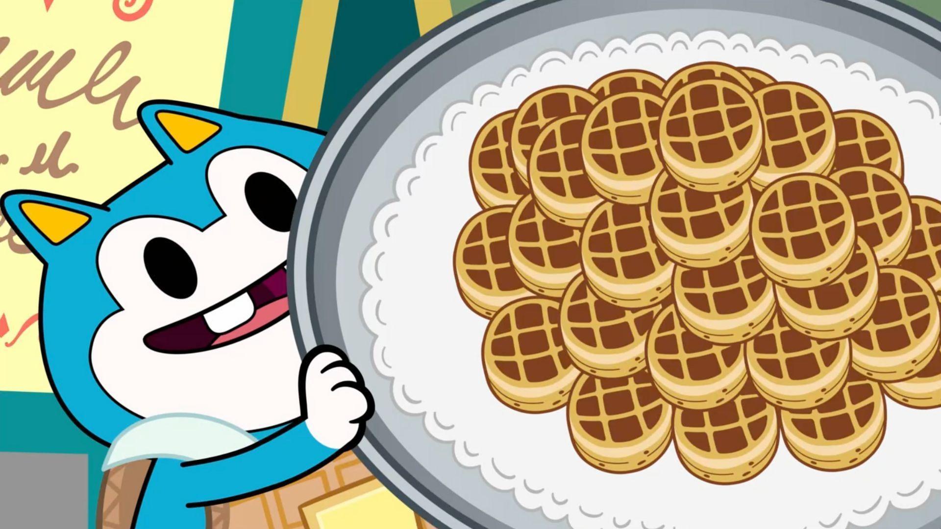 Stu hands out waffle samples to everyone on the street...even pigeons.
