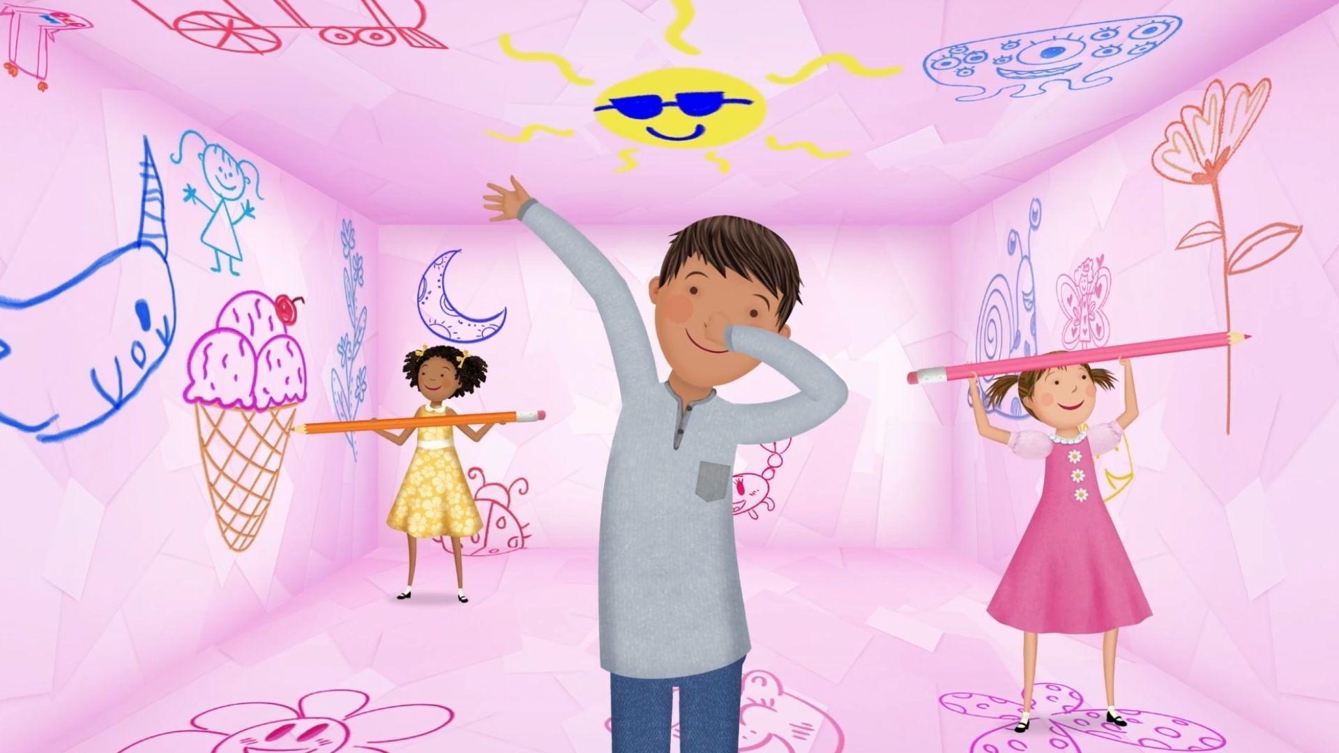 Pinkalicious, Rafael and Jasmine show Kendra the fun of doodling.