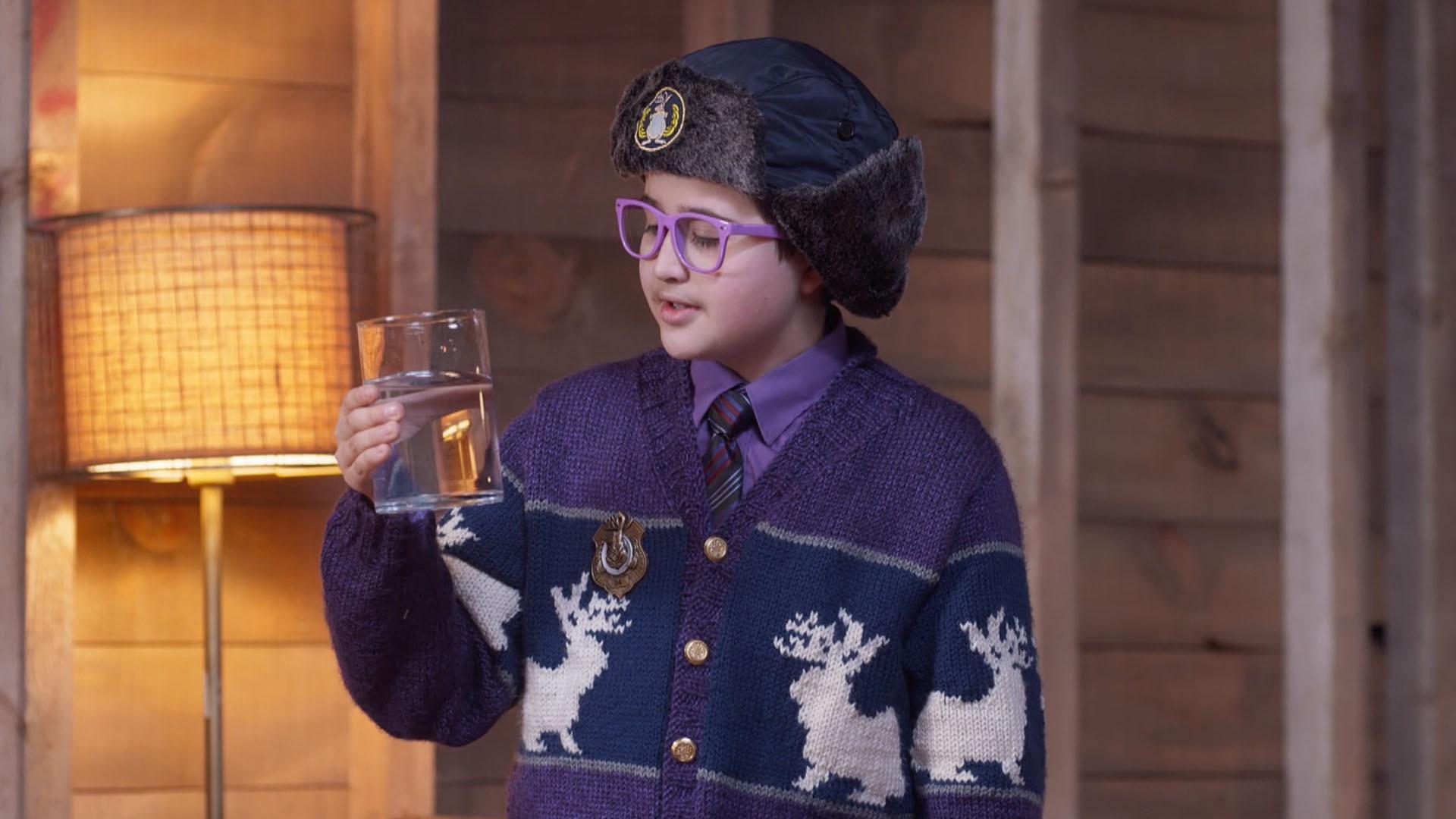 Mr. O and Agent O'Dowd divide a cup of water into two parts to share.