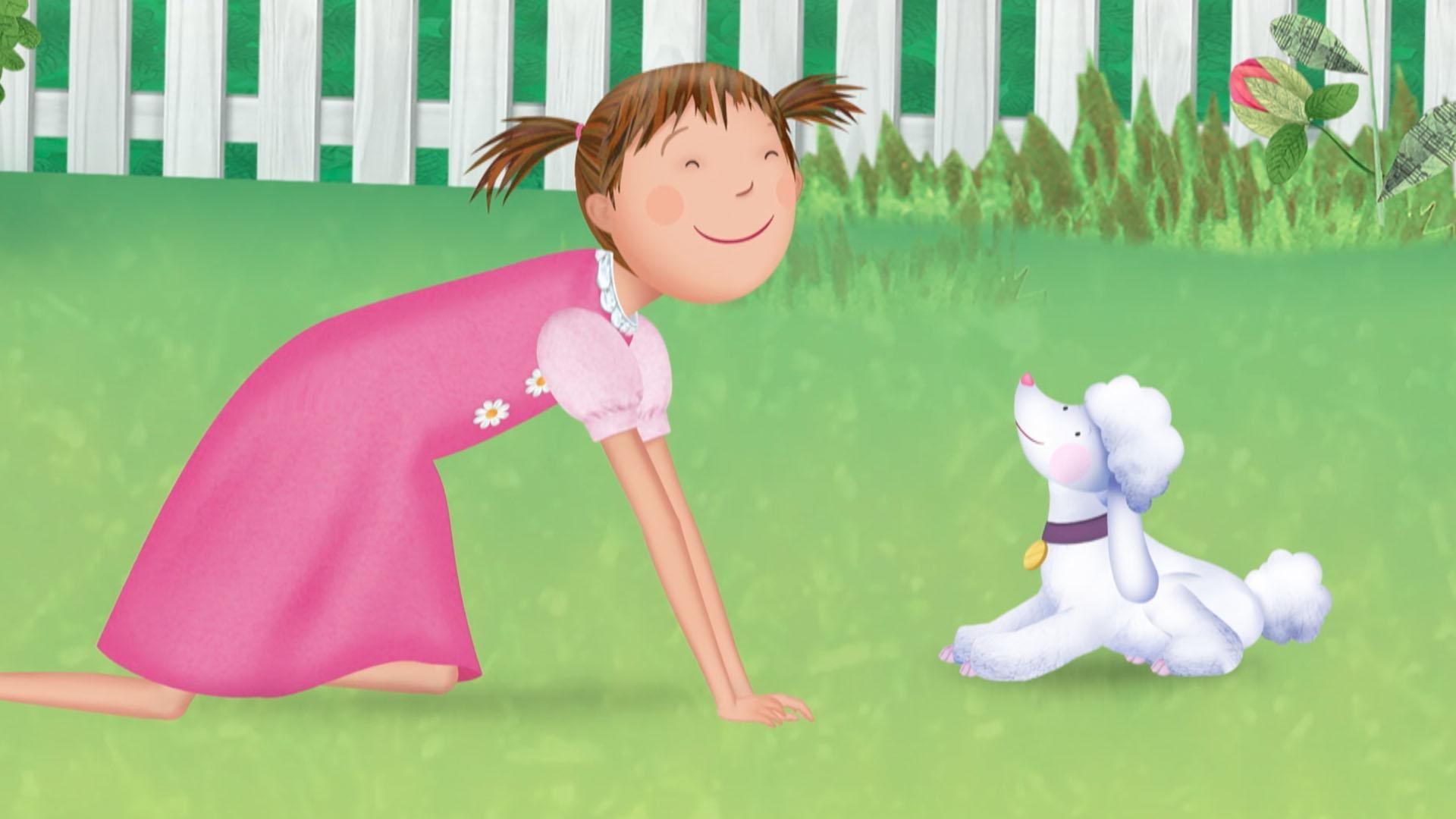 Pinky the dog starts playing with the kids once they start pretending to be dogs.