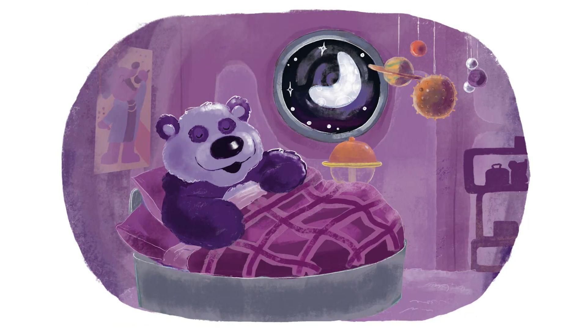 Purple Panda reads a story he wrote about his pals getting ready to say goodnight.