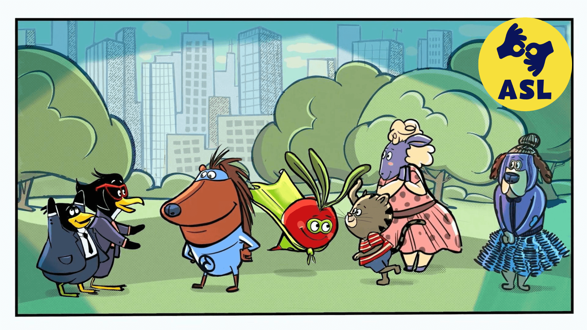 Donkey Hodie reads a comic book about her favorite superheroes and their bouncy foe.