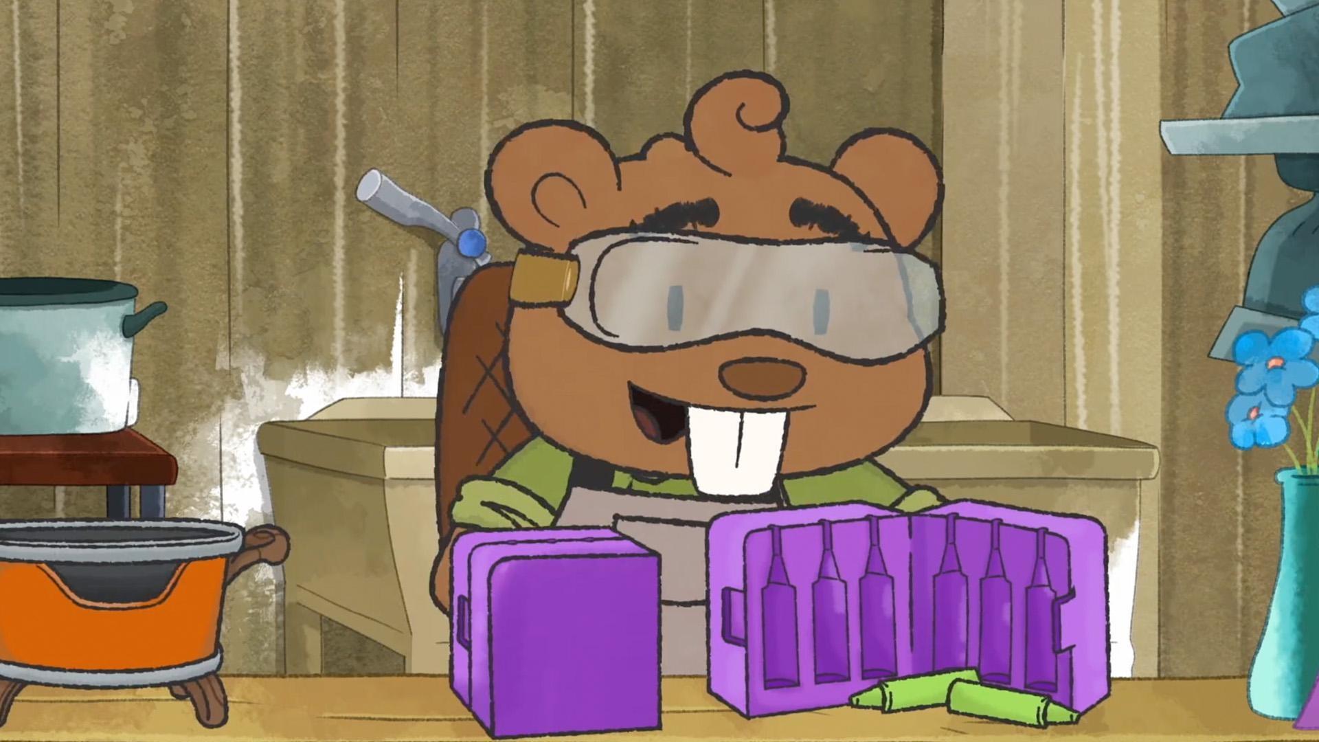 Mr. Beaver shows Elinor, Olive, and Ari how he makes crayons with wax and dye.