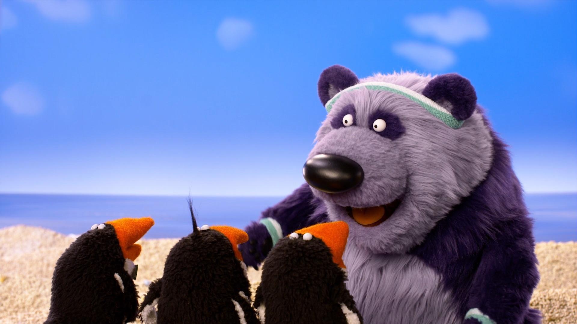 Donkey and Panda work together to create a penguin dance for Rockstar Penguin's new song.