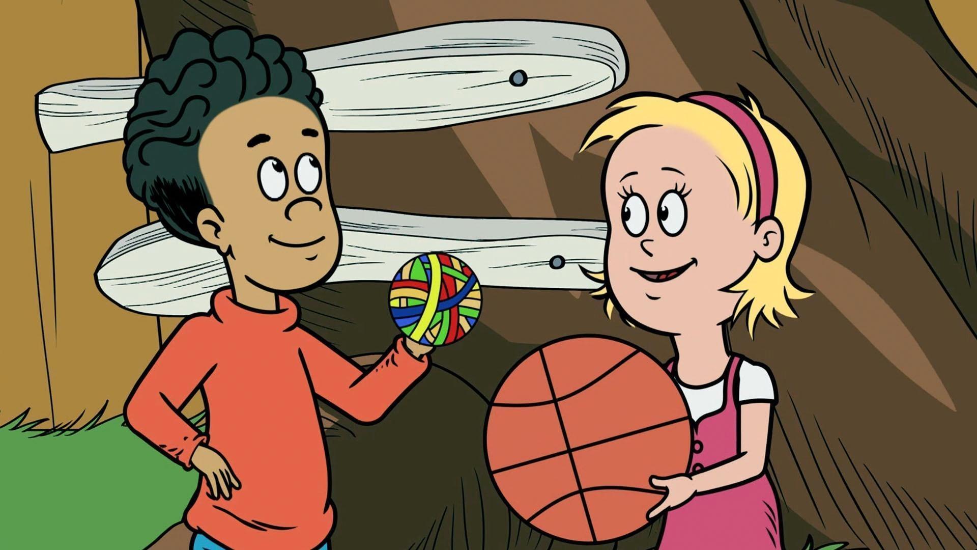 Nick le hace a Sally una pelota con ligas.