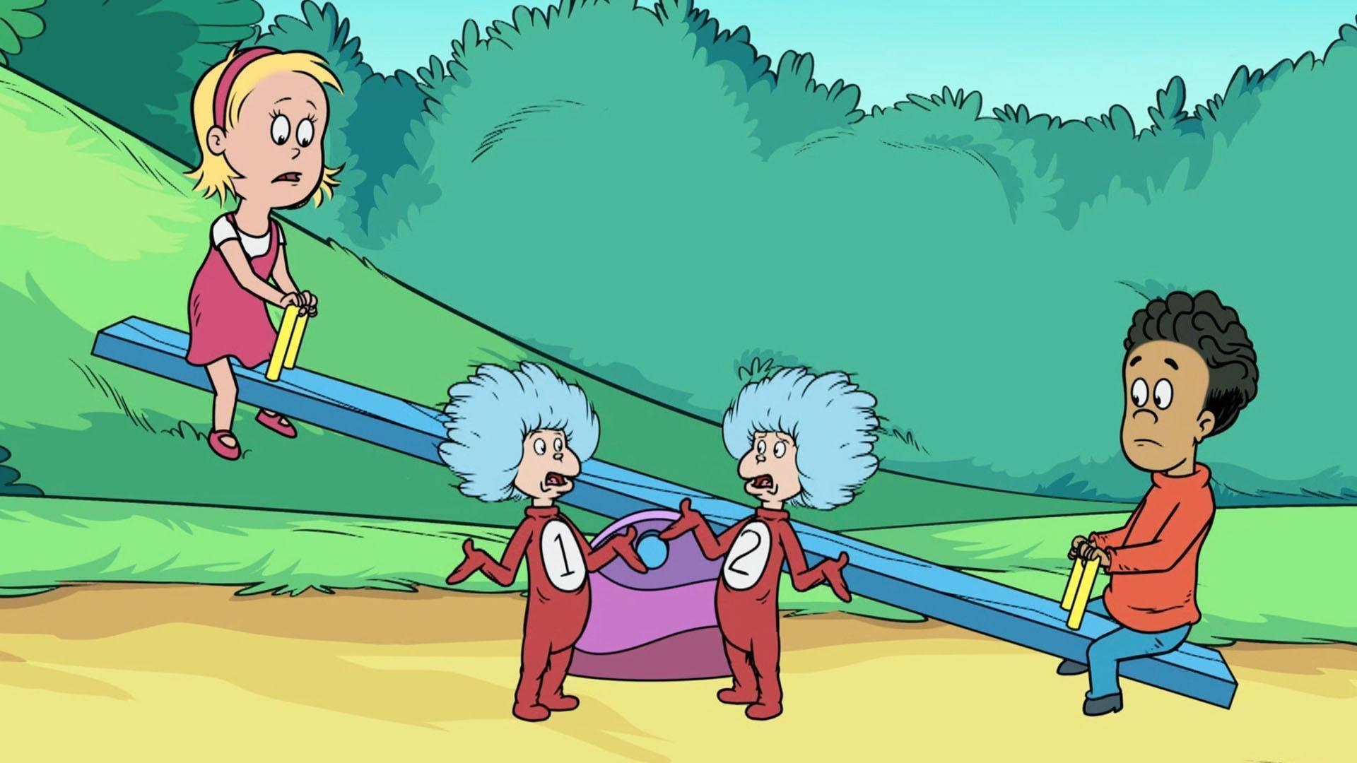 Cuando Nick y Sally tienen un problema con el subibaja, Cosa 1 y Cosa 2 pueden ayudar.
