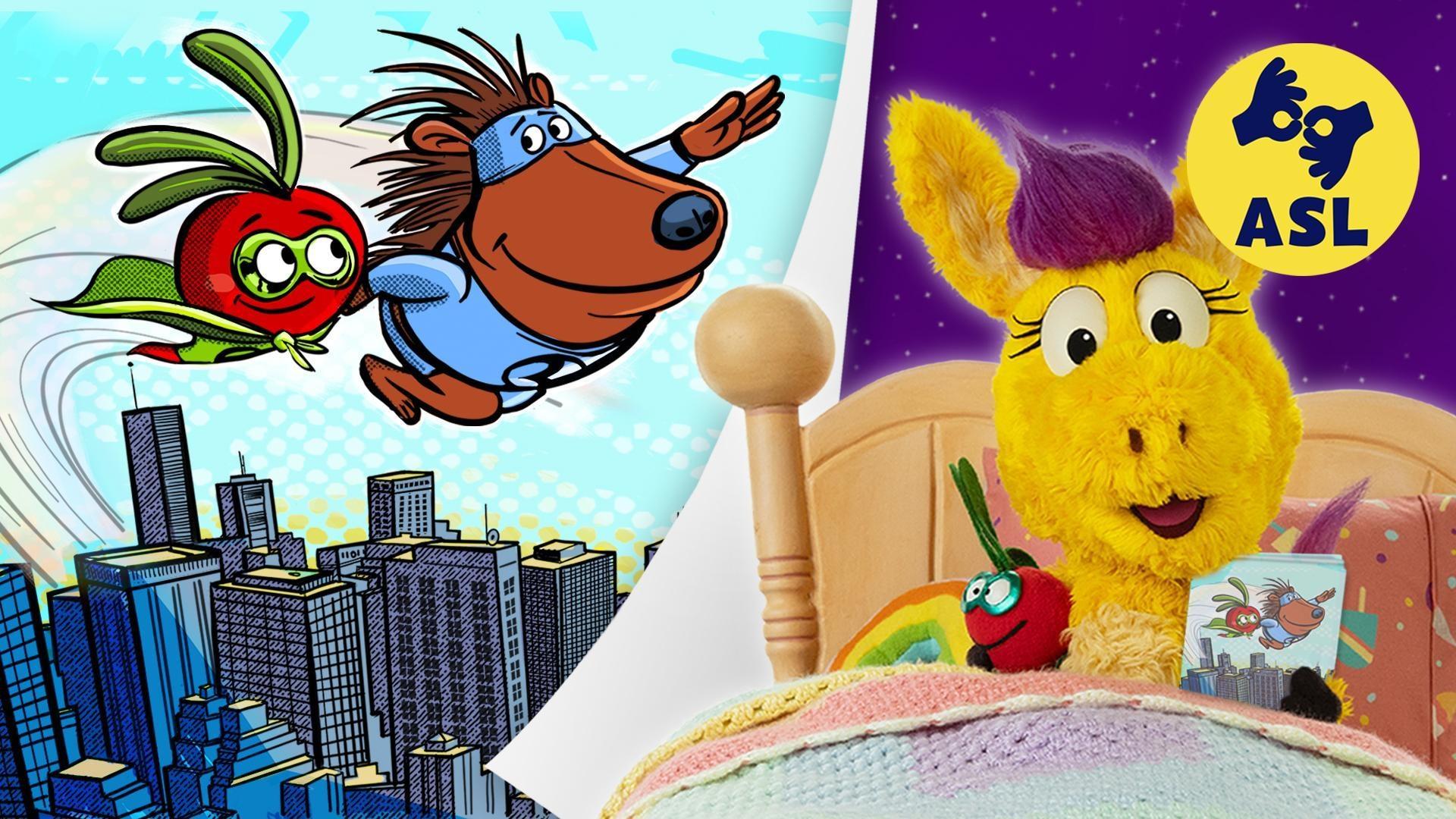 Donkey Hodie reads a comic book about her favorite superheroes and their bouncy foe.