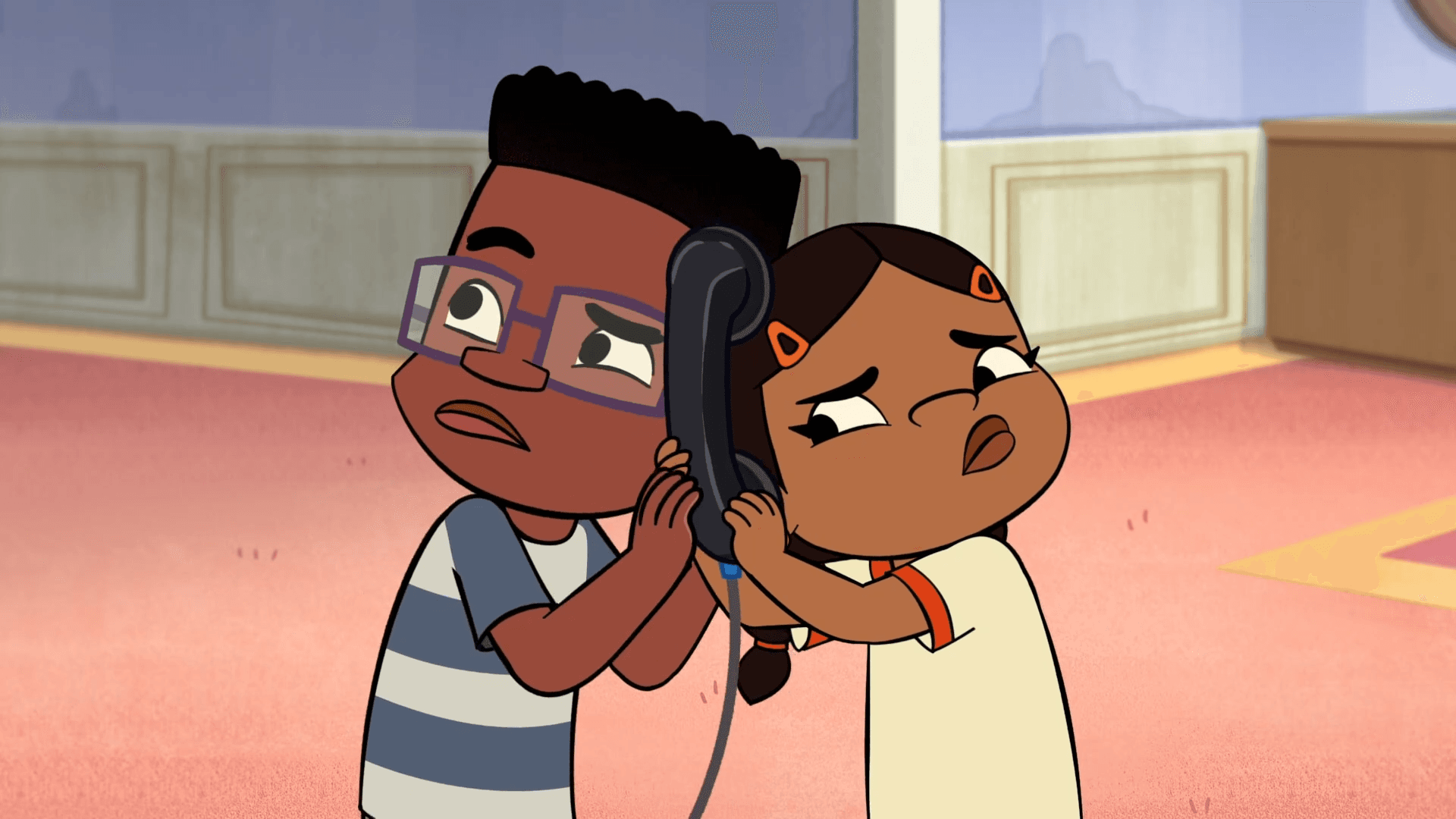 Mr. Gurley teaches Jay and Lupe about the telephone wayfinding sign.