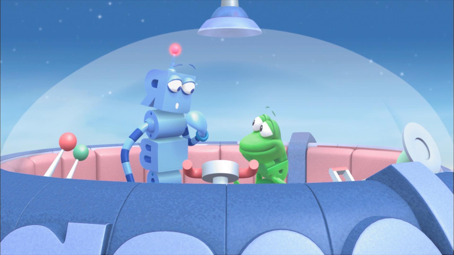 Frog helps Robot build a spaceship. / Duck and Dog learn about compound words.