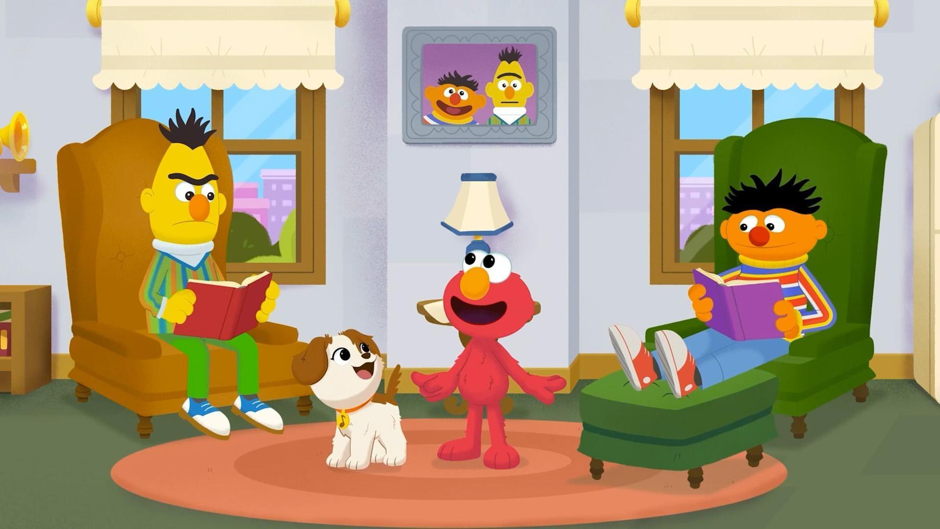 Elmo and Tango try to help Bert find some place quiet to read.