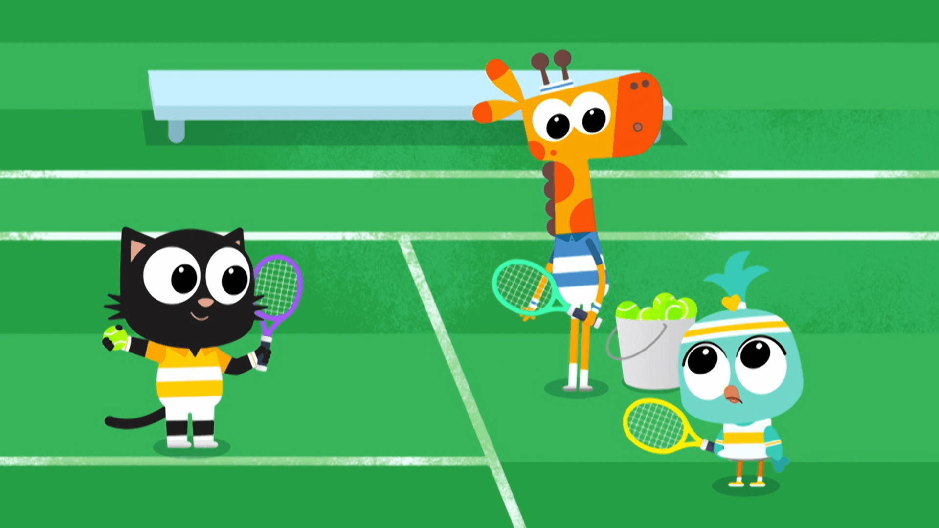 Milo, Lofty and Lark take part in the Milotown Tennis Championship.