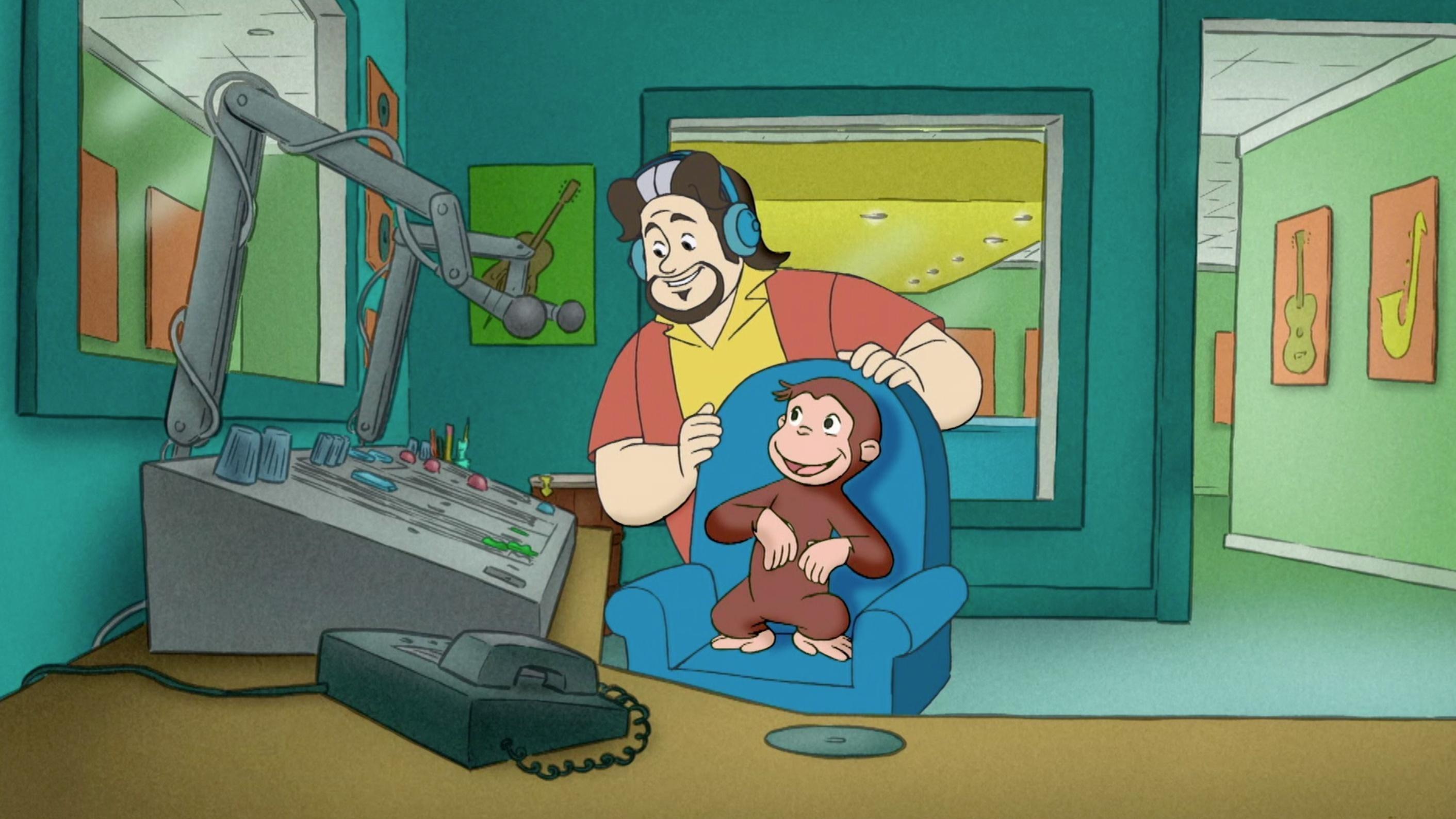 George gets locked in at the radio station. / George learns to make sand art.