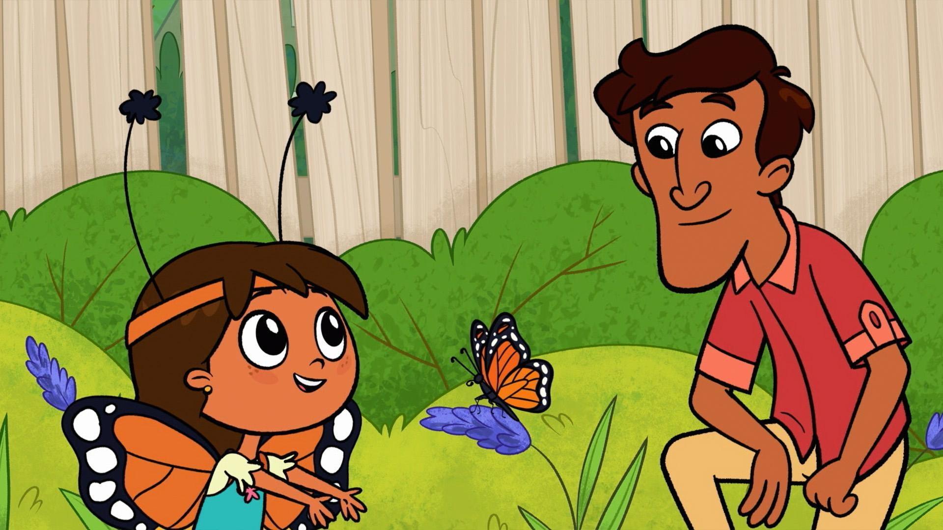 Rosie, Javi and Papá build a butterfly garden for la monarca.