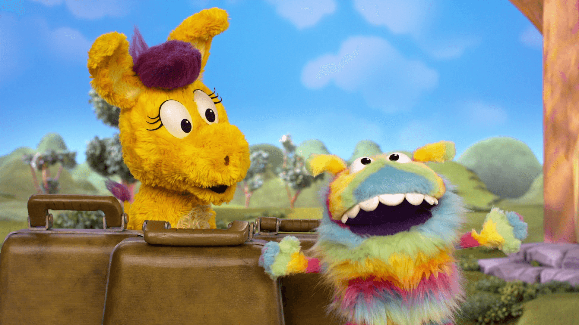 Donkey welcomes Greeble the Treeble, a new neighbor who loves trees, to Someplace Else.