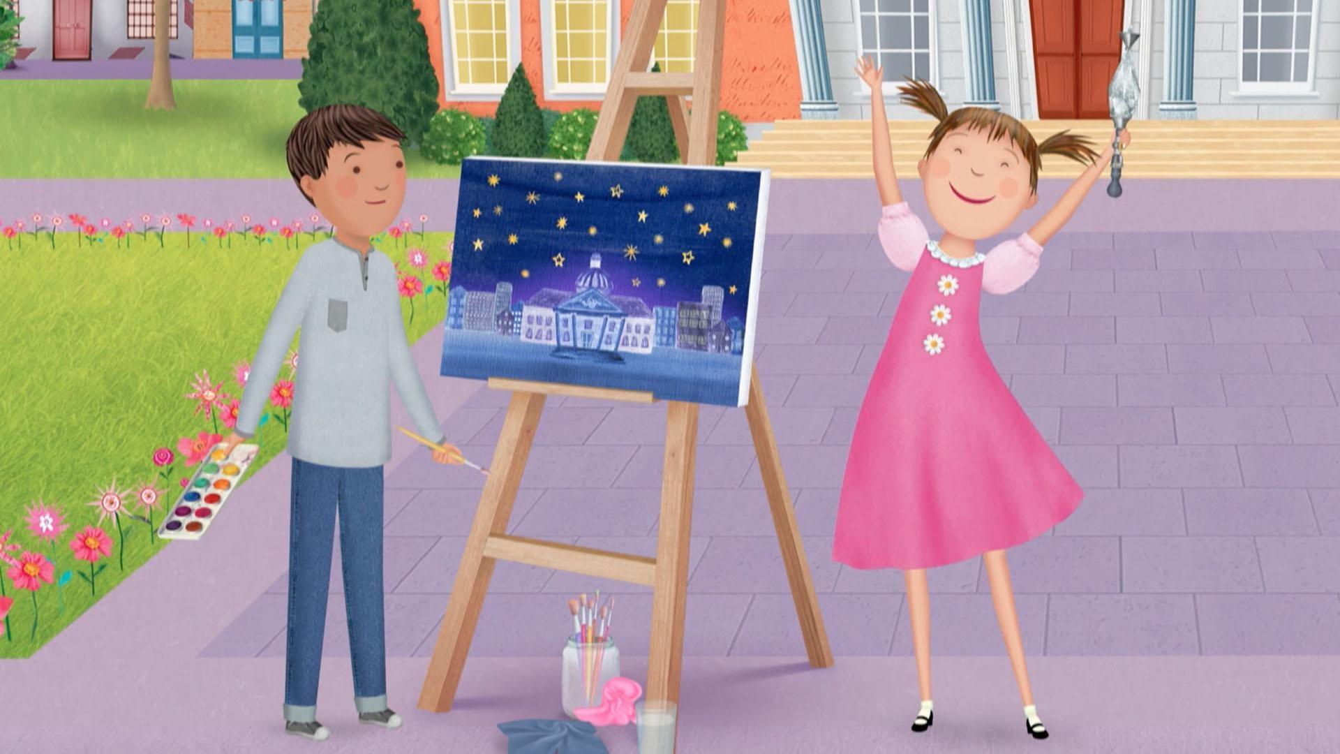 Pinkalicious covers Rafael's painting in glitter but he thinks it's ruined his art!