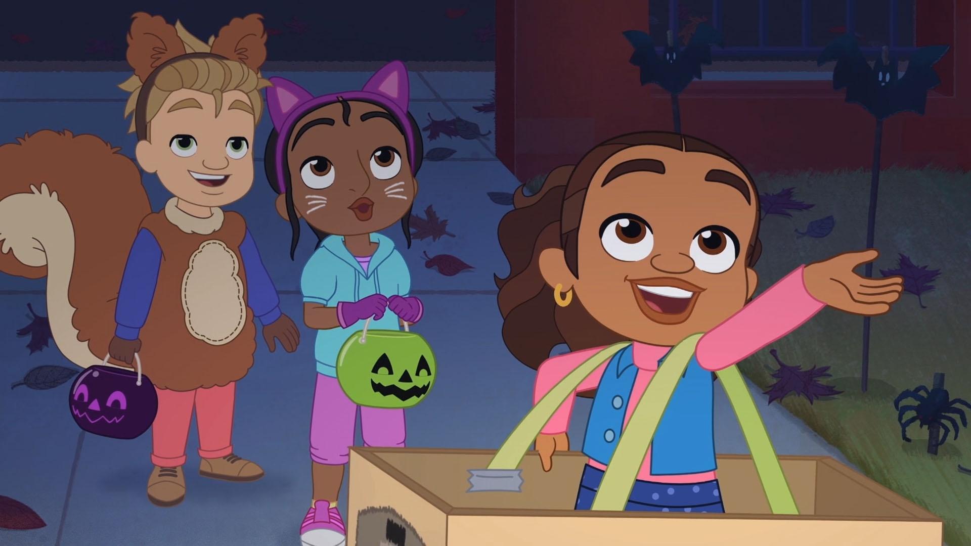 Alma, Junior, Rafia, and Lucas go trick o treating together on Halloween.