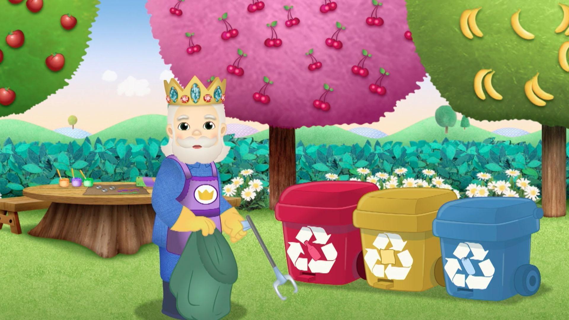 King Friday makes a wind chime out of recycled materials.