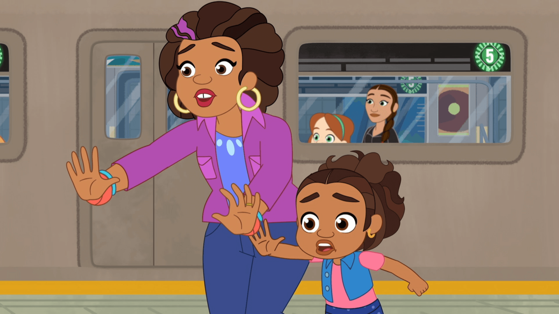 Alma and Tía Gloria race through the subway to find Zelda Jazz (Esperanza Spalding).